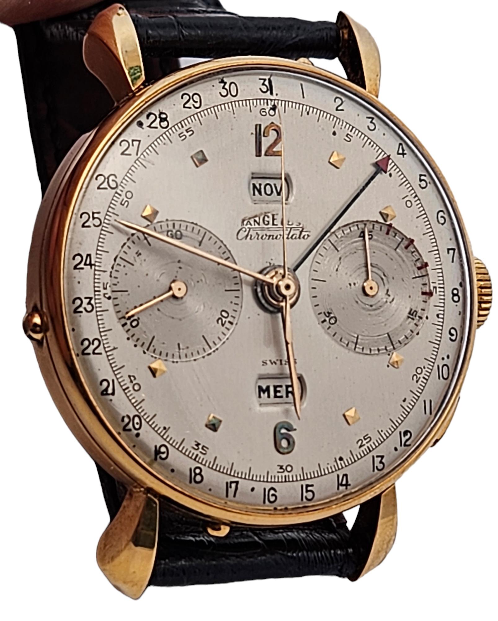 18 Kt Gold Angelus Chronodate Triple Date Jumbo 38mm Chronograph Wrist Watch For Sale 8