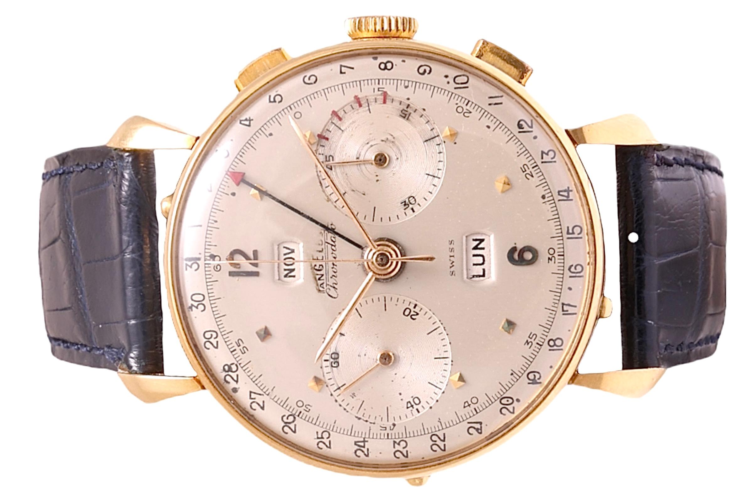 Artisan 18 Kt Gold Angelus Chronodate Triple Date Jumbo 38mm Chronograph Wrist Watch For Sale