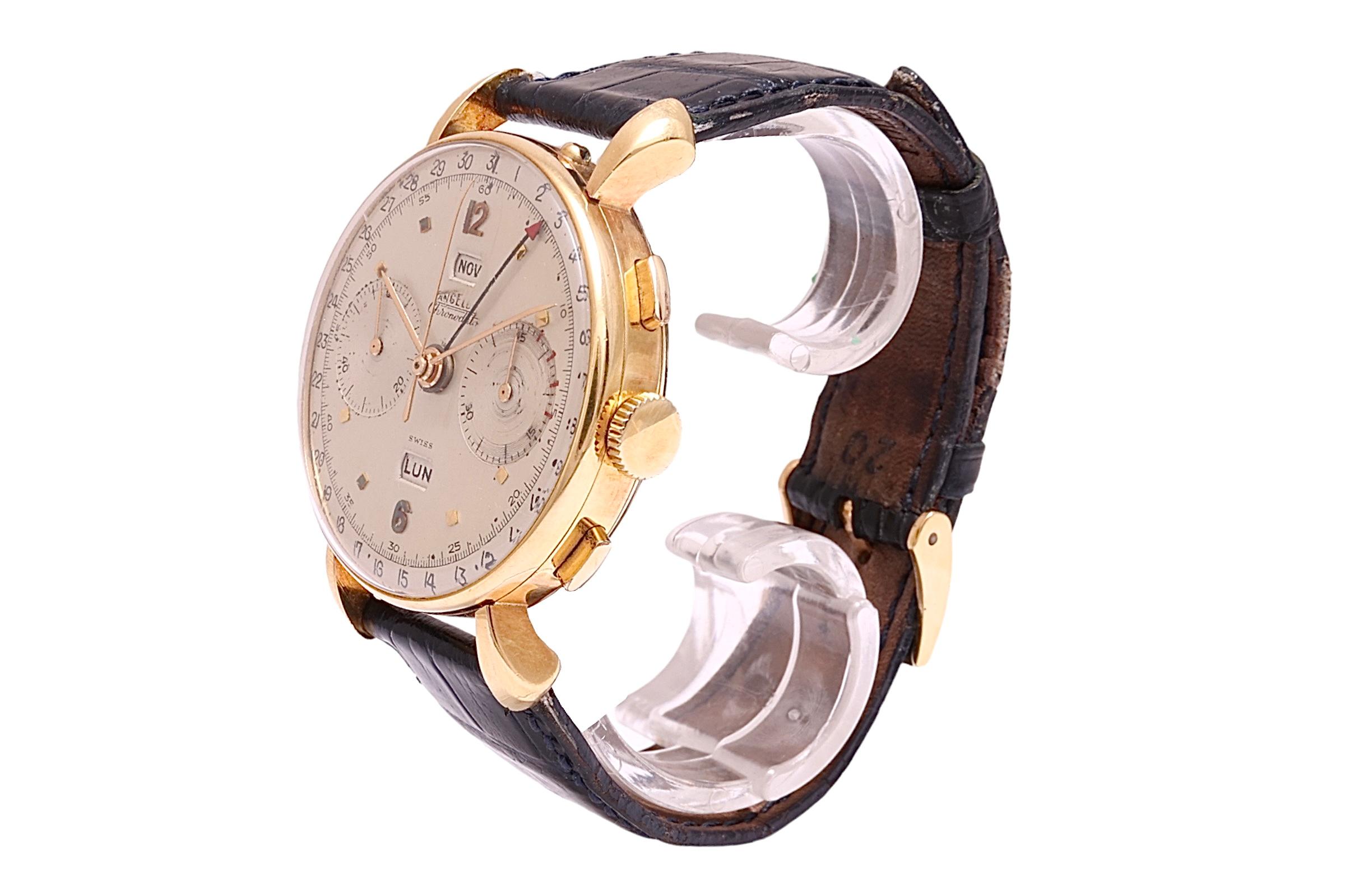 Women's or Men's 18 Kt Gold Angelus Chronodate Triple Date Jumbo 38mm Chronograph Wrist Watch For Sale