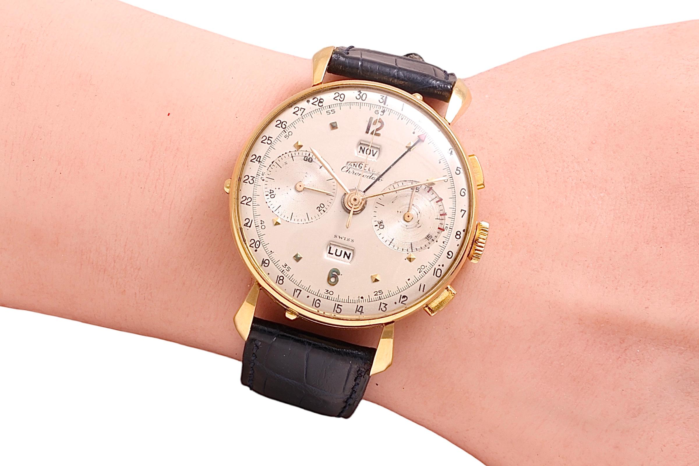 18 Kt Gold Angelus Chronodate Triple Date Jumbo 38mm Chronograph Wrist Watch For Sale 2