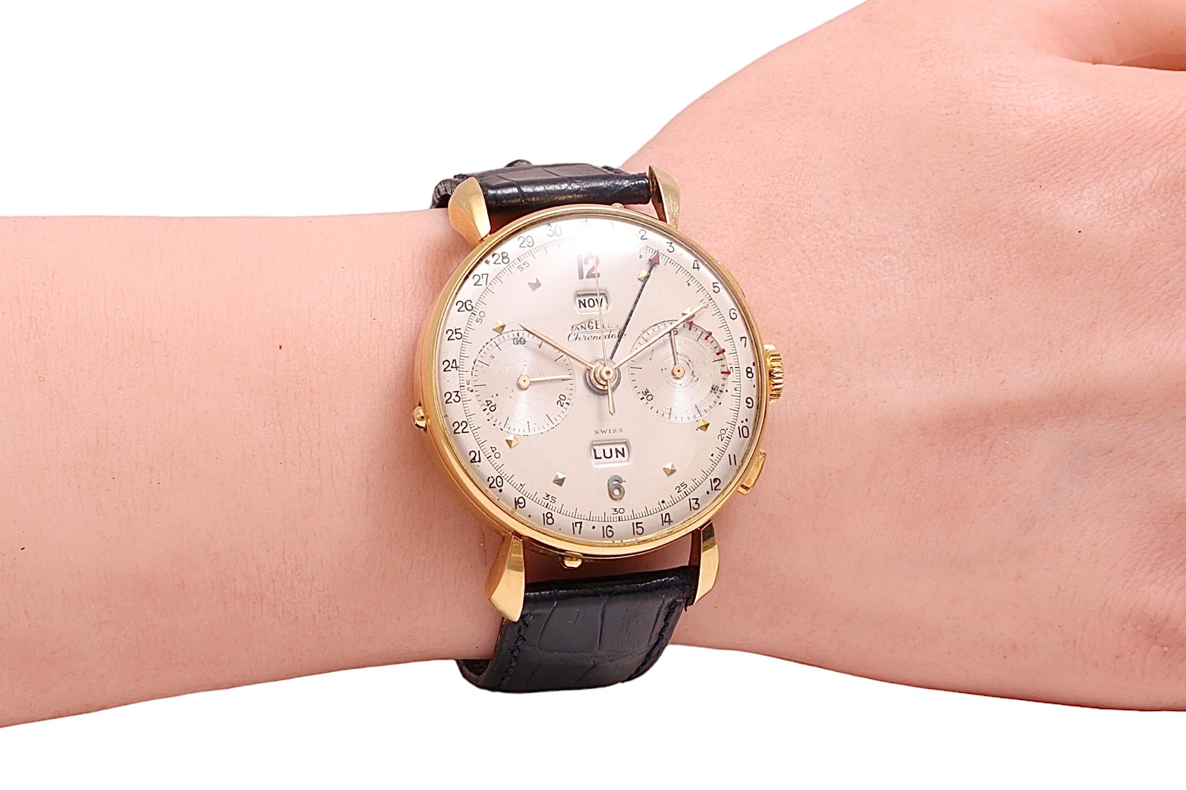 18 Kt Gold Angelus Chronodate Triple Date Jumbo 38mm Chronograph Wrist Watch For Sale 3