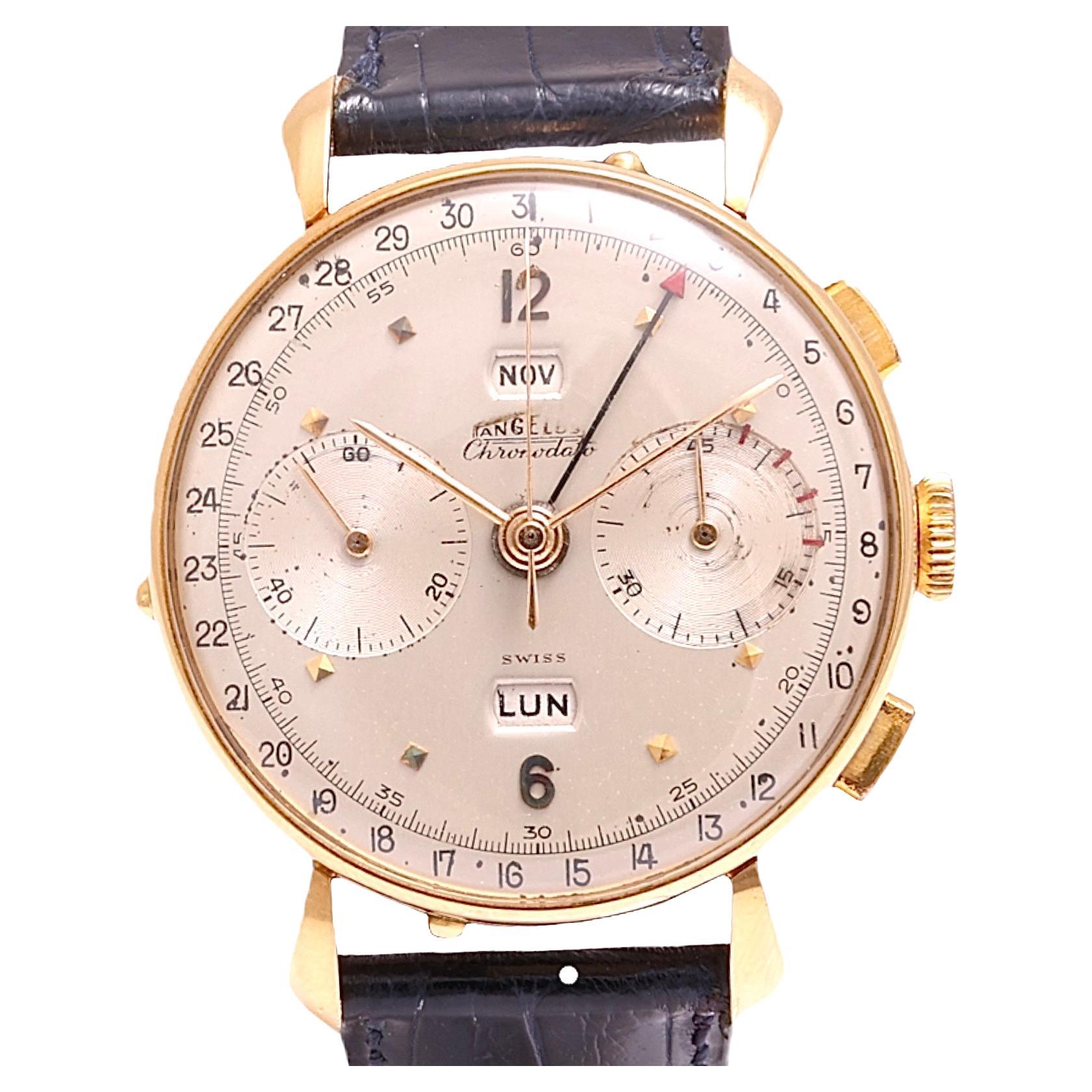 18 Kt Gold Angelus Chronodate Triple Date Jumbo 38mm Chronograph Wrist Watch For Sale