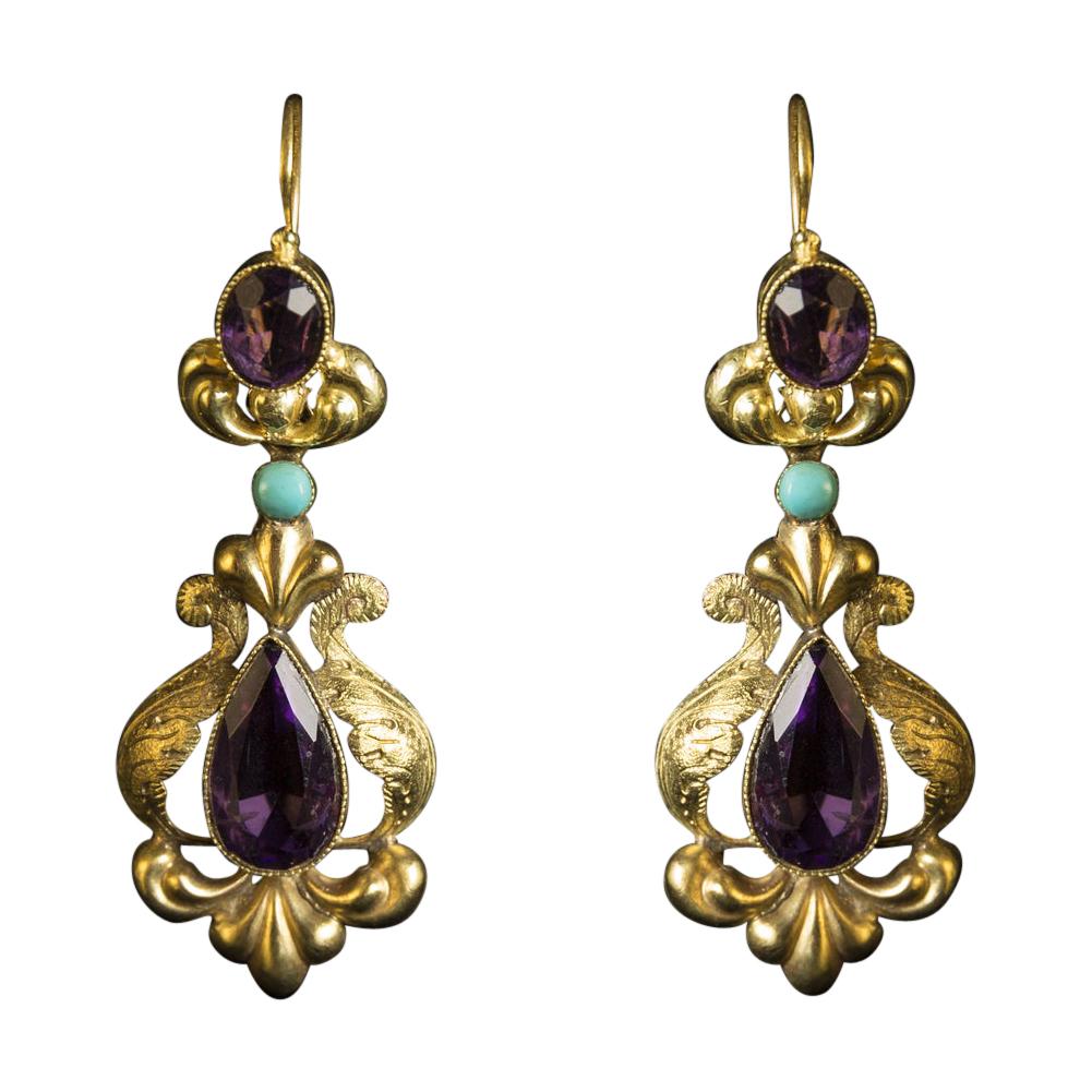 18 Kt Gold Antique Earrings with Amethysts and Turquoise, Sicily, Early 1900s For Sale