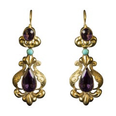 18 Kt Gold Antique Earrings with Amethysts and Turquoise, Sicily, Early 1900s