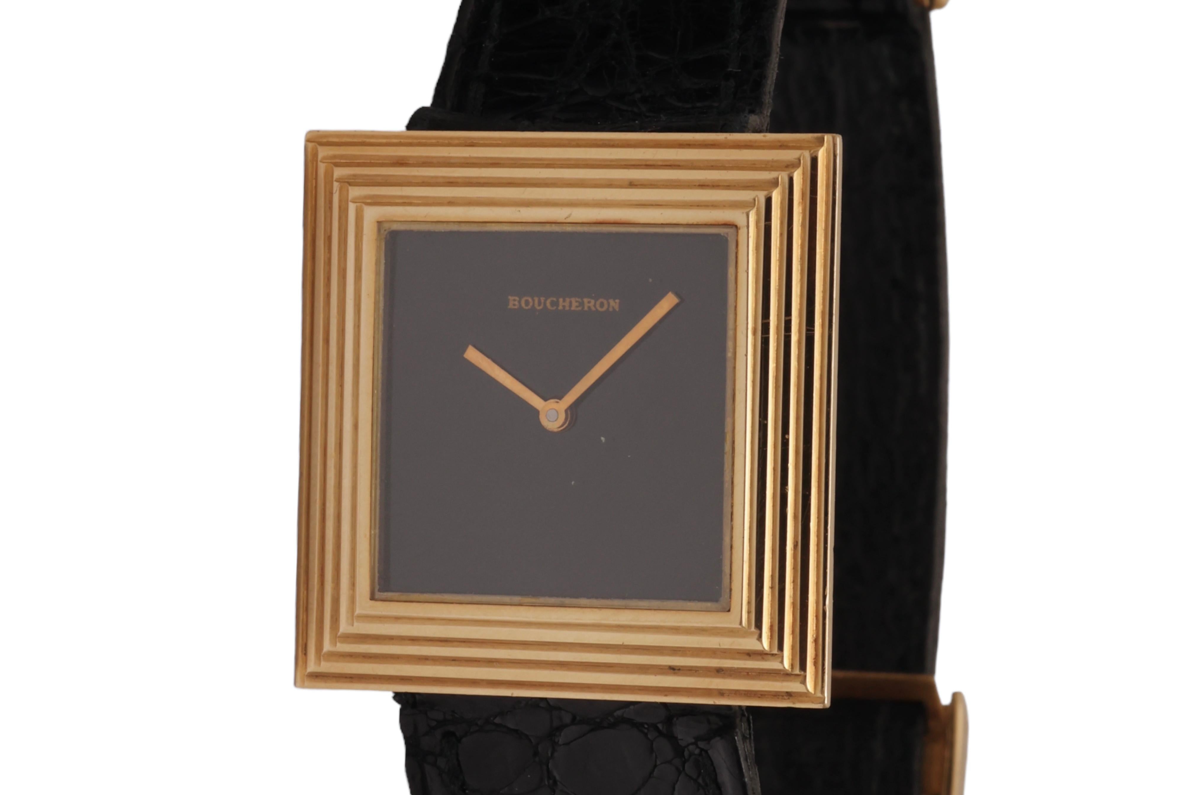 18 kt. Gold Boucheron Wrist Watch

Movement: Quartz

Case: 18 kt. yellow gold case, measurements 26 mm x 26 mm x 5.4 mm, with 

Dial: Black 