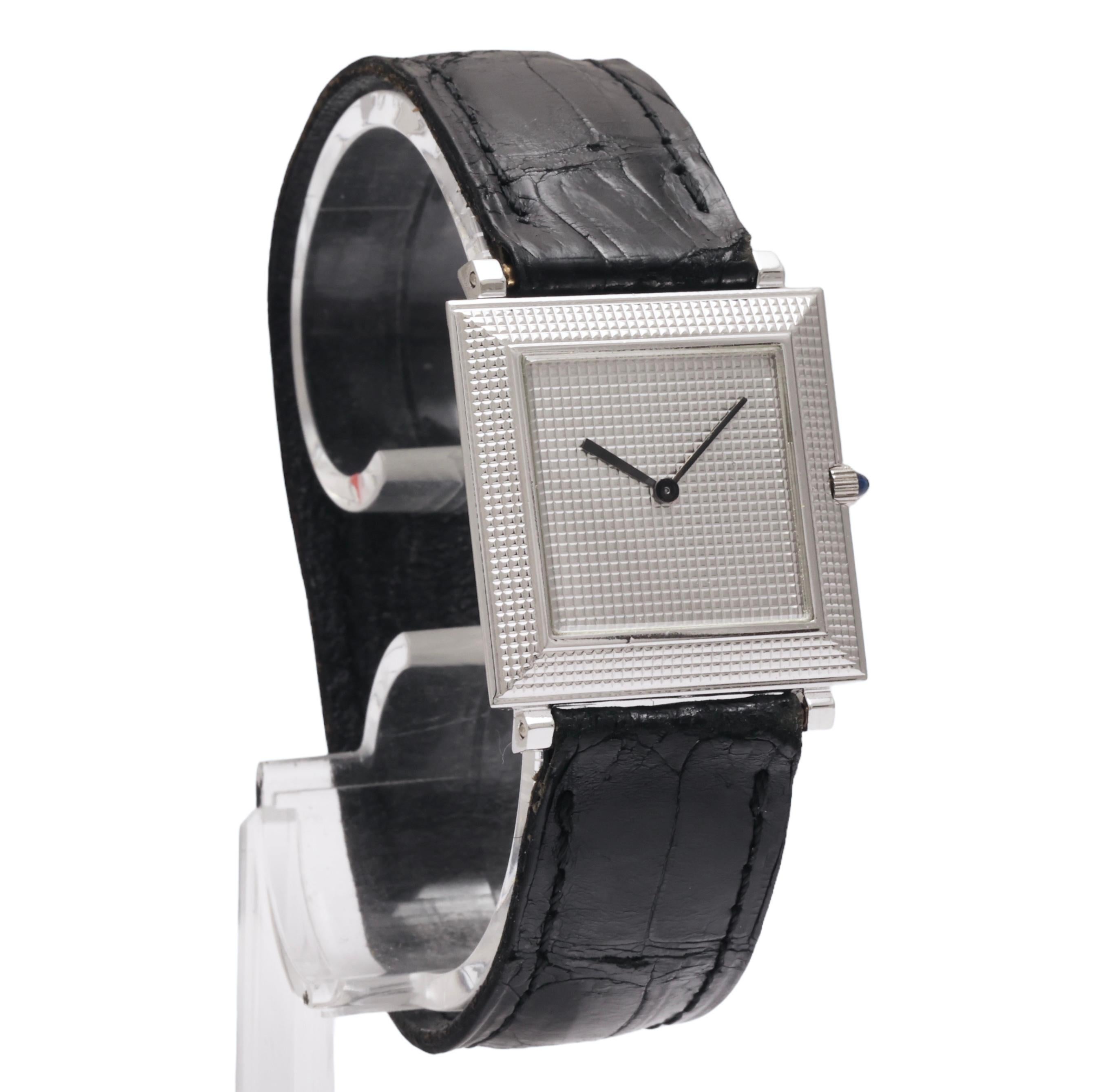 18 kt. Gold Boucheron Wristwatch, Extra-Flat Square Case Textured Dial & Bezel In Excellent Condition In Antwerp, BE