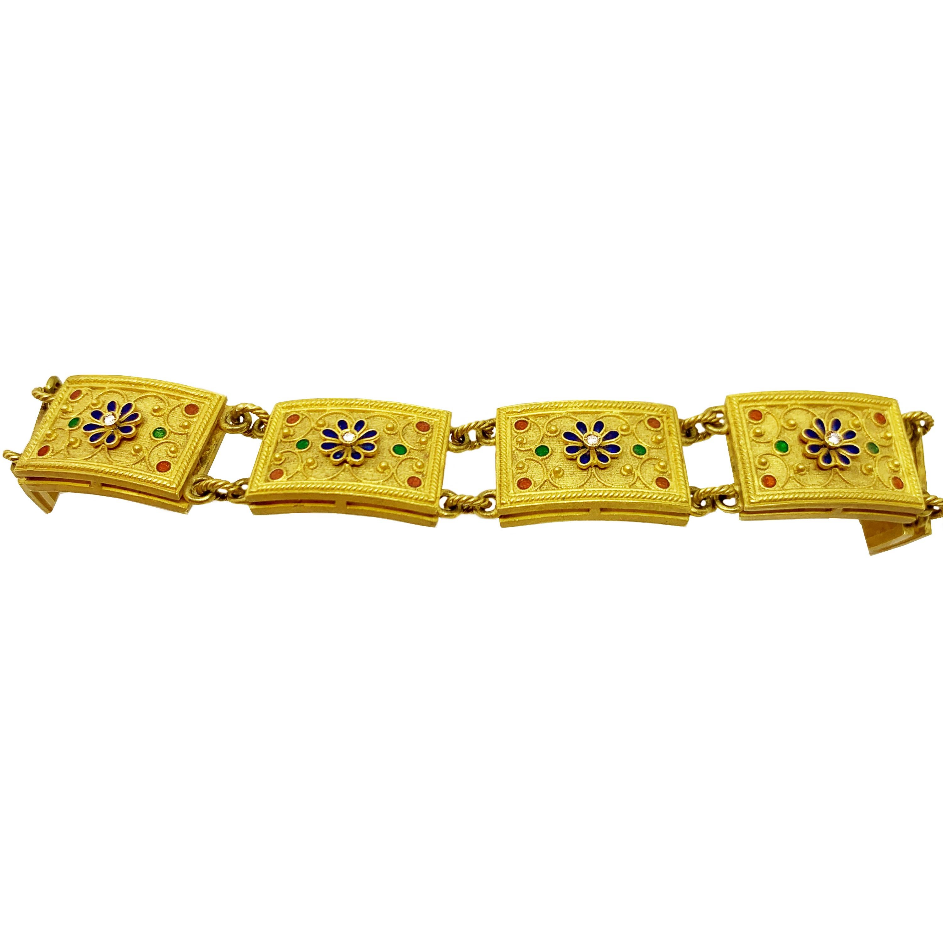 Armband aus 18 Karat Gold mit Diamanten und polychromen Emaillen (Renaissance) im Angebot