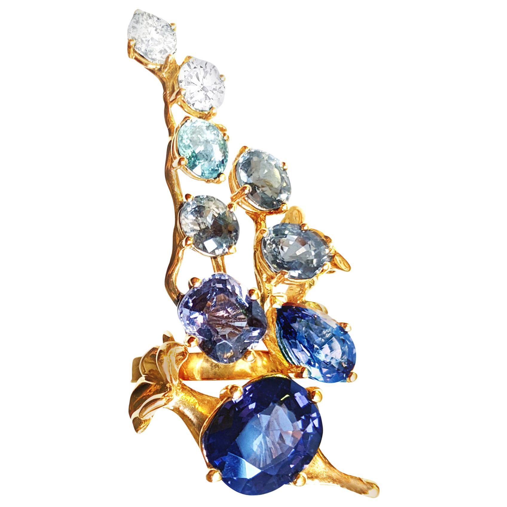 Yellow Gold Brooch with Six Carats GRS No Heat Royal Blue Sapphire and Diamonds
