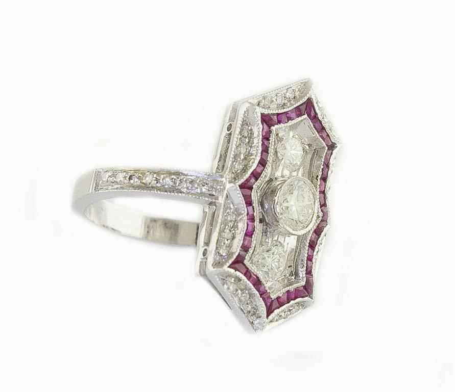 Retro 18 kt White Gold Diamonds Rubies Fashion Ring For Sale