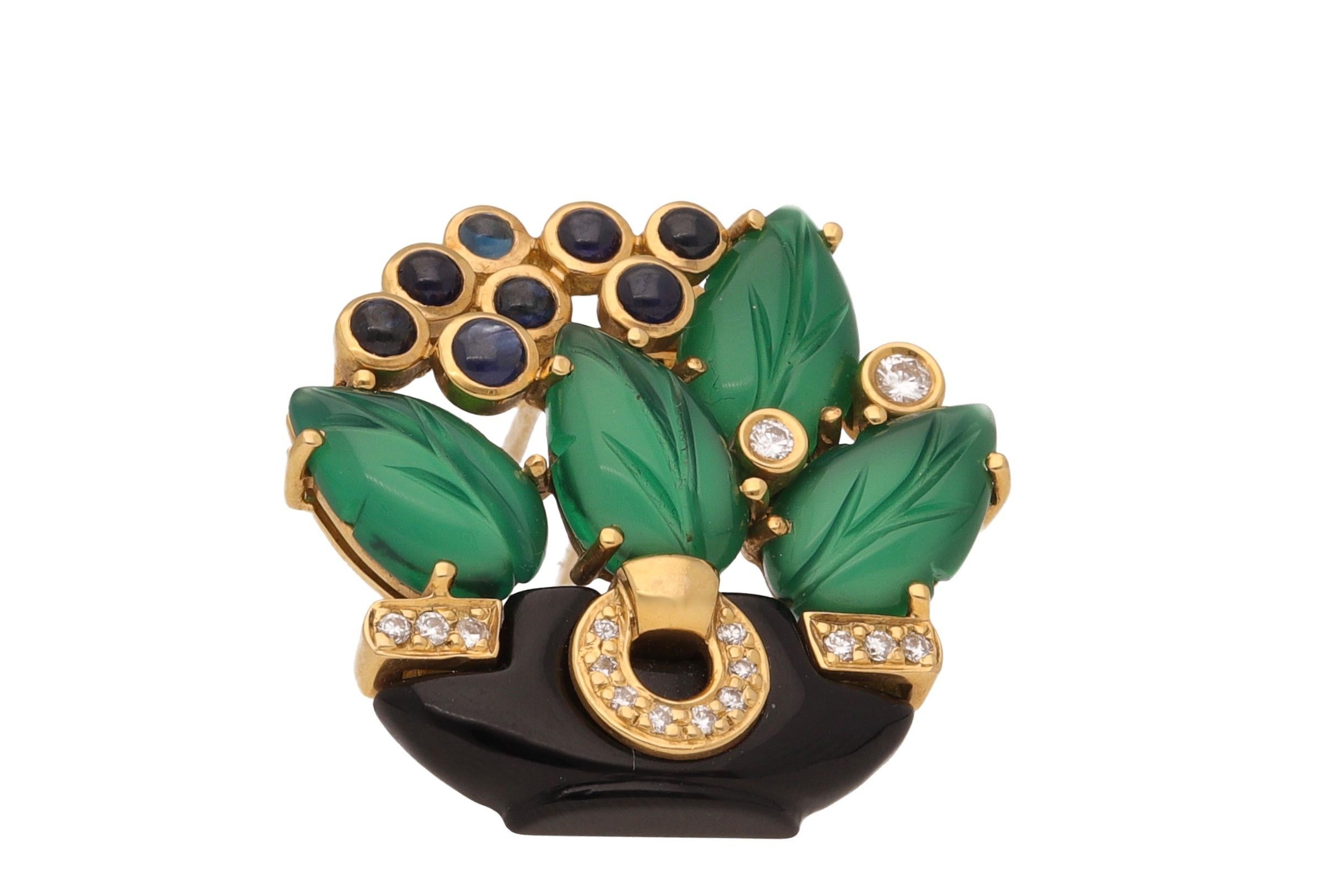18 Kt Gold Diamond Chrysophrase Onyx Sapphire Bouquet De Fleurs Cartier Brooch In Excellent Condition In Rome, IT