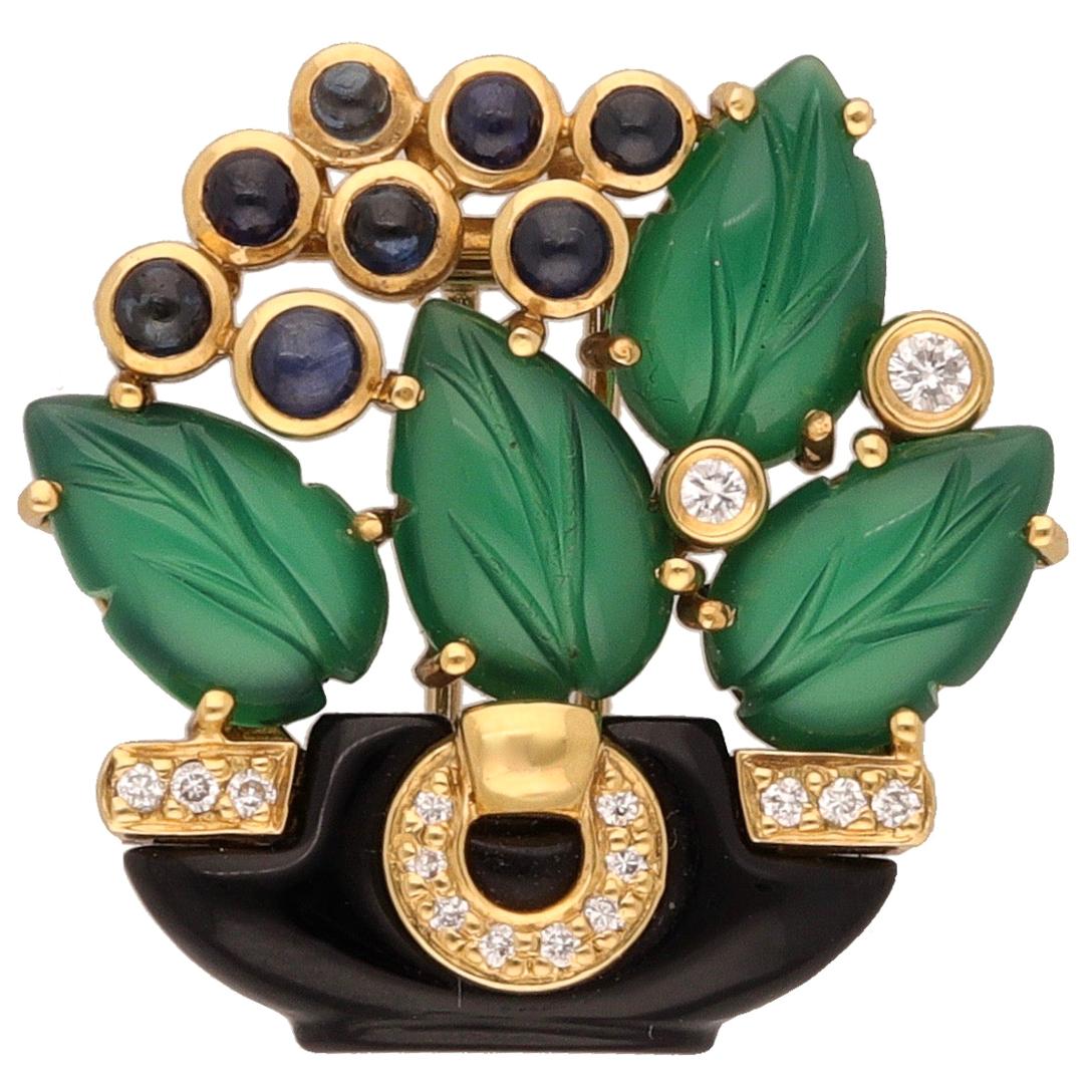 18 Kt Gold Diamond Chrysophrase Onyx Sapphire Bouquet De Fleurs Cartier Brooch