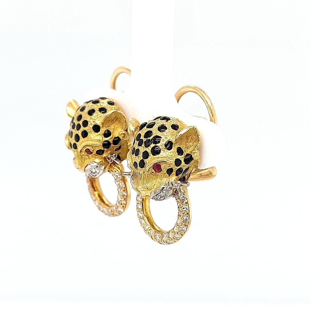 Round Cut 18kt Yellow Gold Panther Clip - On Earrings With Diamonds