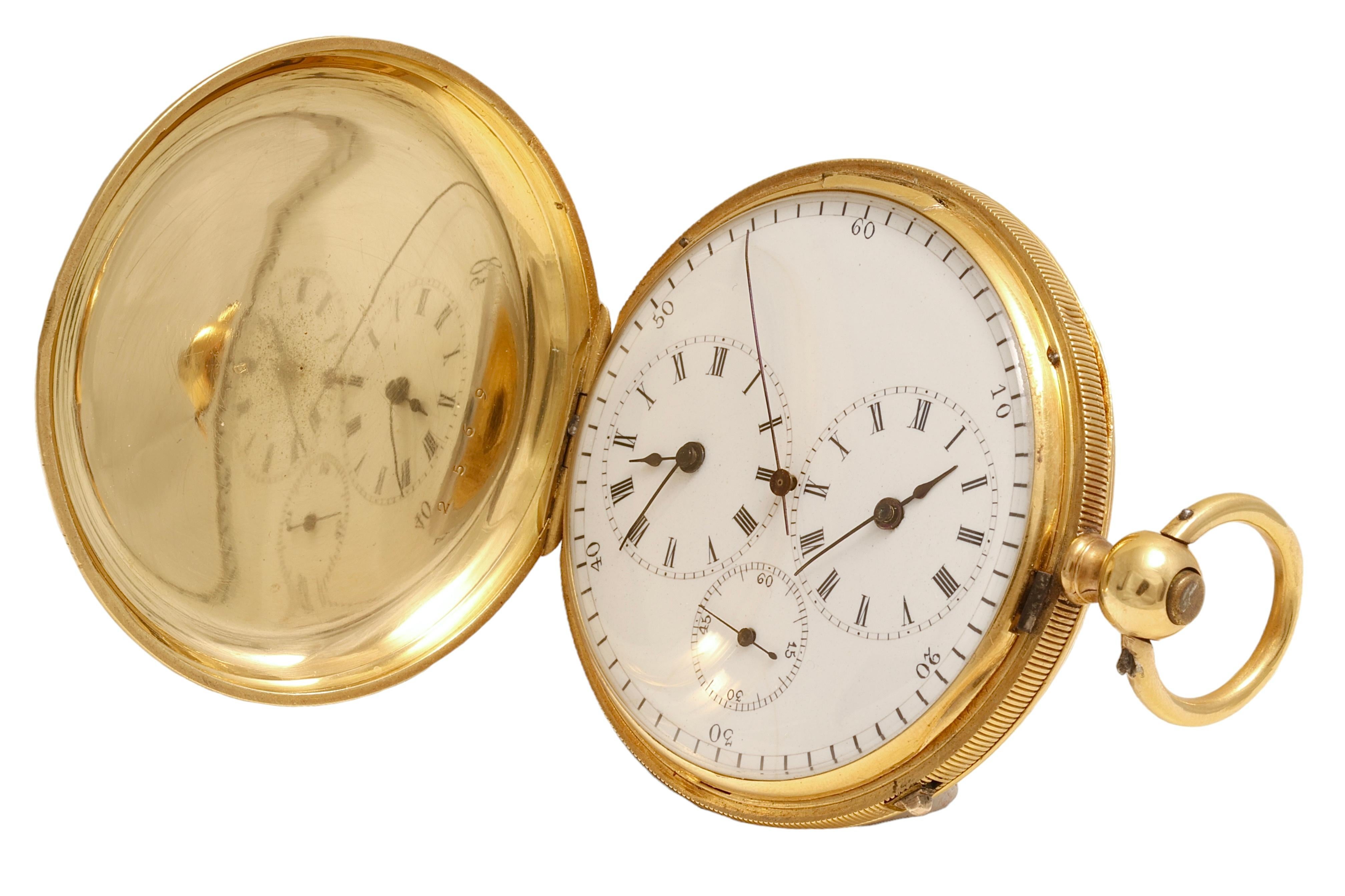 18 kt. Gold Dual Time, Dead Beat Second, Double Barrel Pocket Watch A.Perret

Movement: Mechanical with manual winding

Functions: hours,minutes, Dead Second Beat  and sweep second; Dual Time

Dial : Enamel, a few hairlines due to age

Case: 18 kt