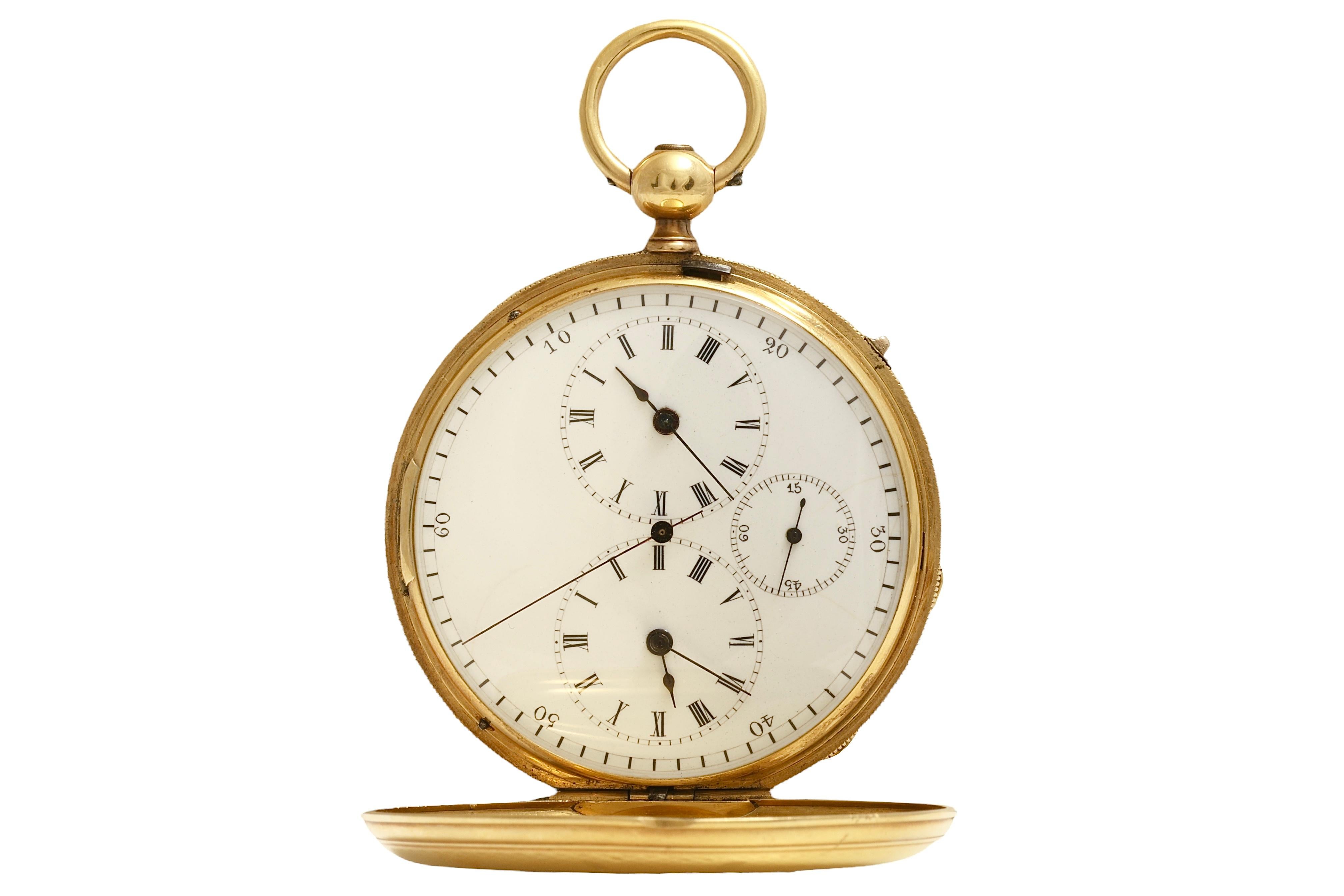 Artisan 18 kt. Gold Dual Time, Dead Beat Second, Double Barrel A.Perret Pocket Watch For Sale
