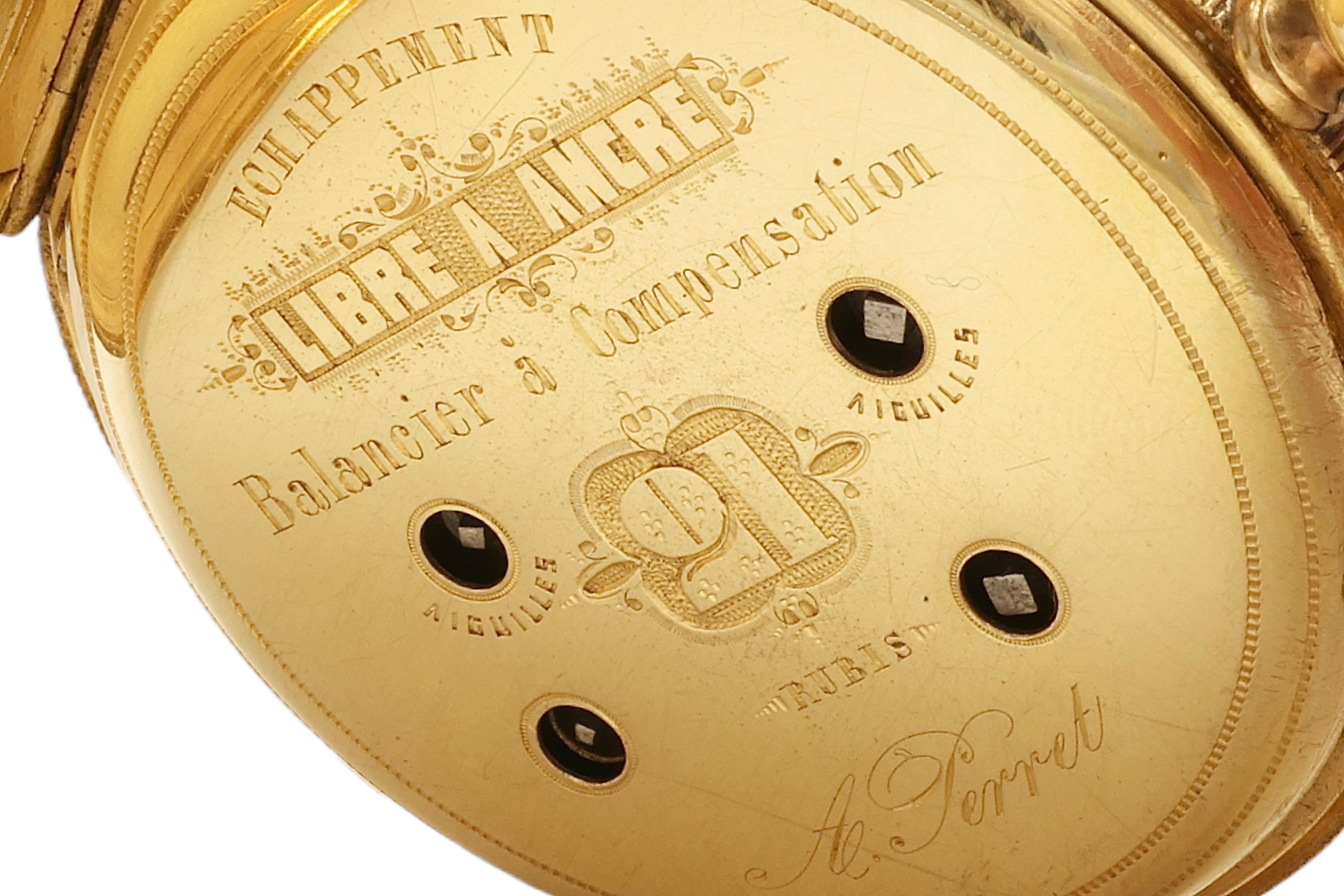 18 kt. Gold Dual Time, Dead Beat Second, Double Barrel A.Perret Pocket Watch For Sale 1
