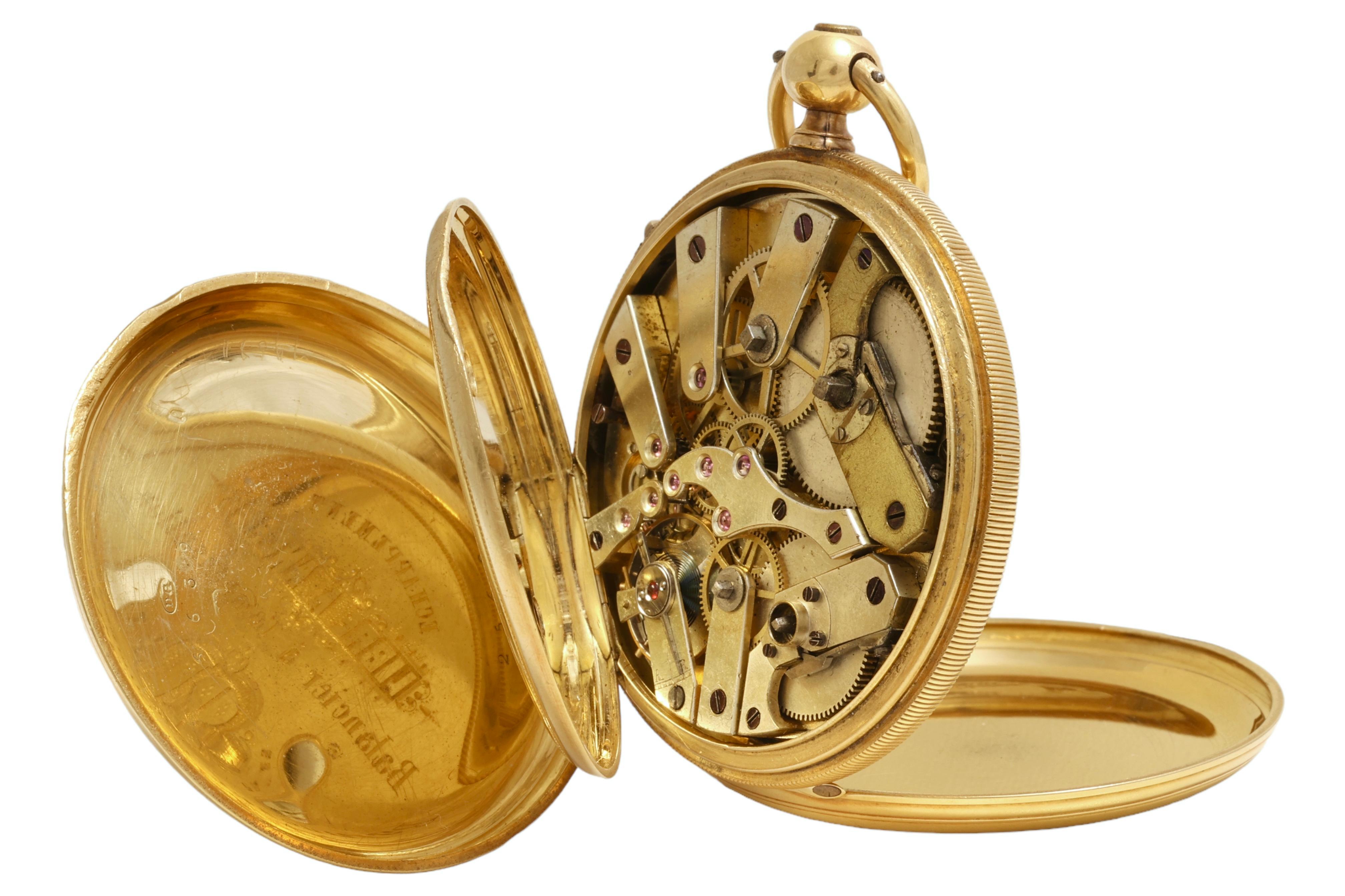 18 kt. Gold Dual Time, Dead Beat Second, Double Barrel A.Perret Pocket Watch For Sale 2