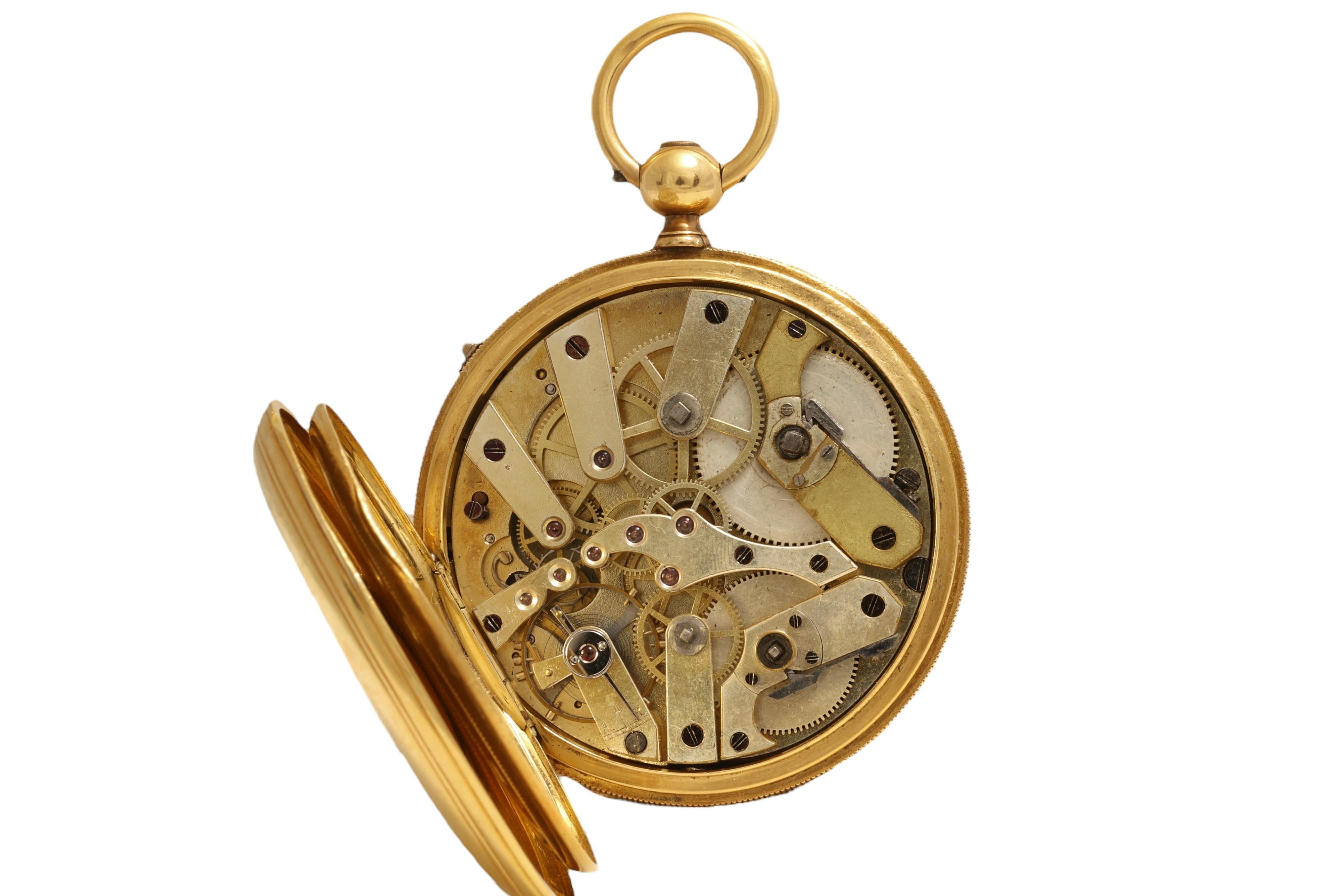 18 kt. Gold Dual Time, Dead Beat Second, Double Barrel A.Perret Pocket Watch For Sale 3