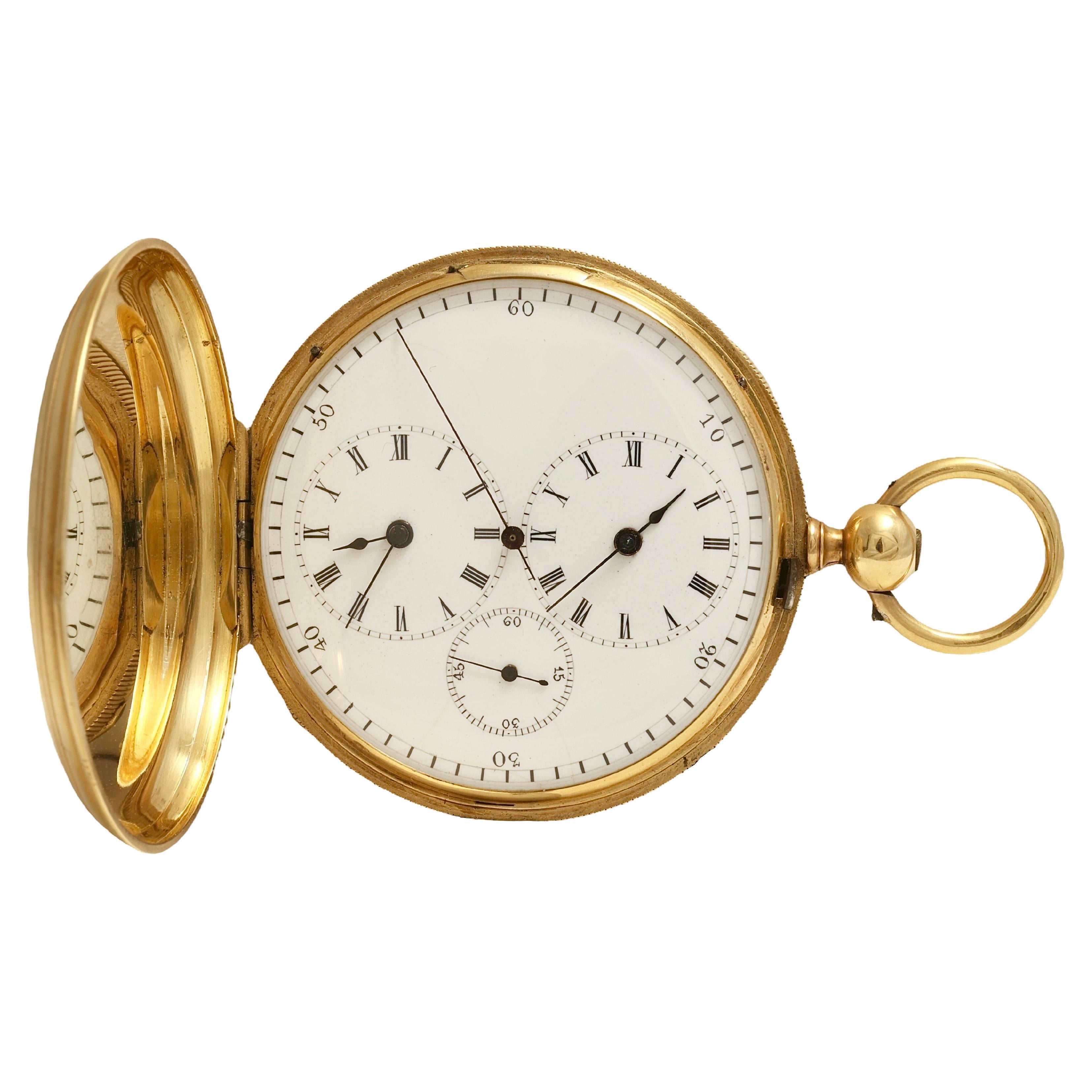 18 kt. Gold Dual Time, Dead Beat Second, Double Barrel A.Perret Pocket Watch For Sale