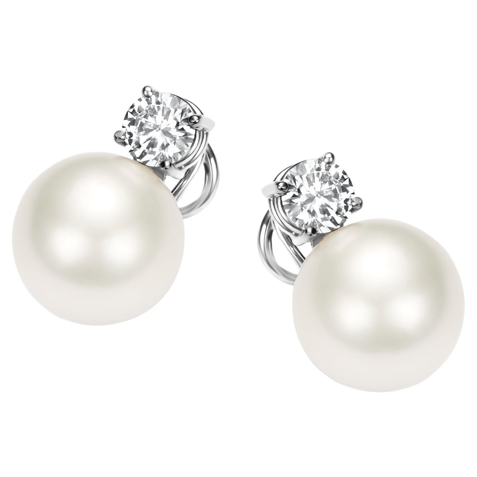 18 Karat Gold Earrings, South Sea Pearls & 2 Brilliant Cut 0.9 Carat Diamonds For Sale