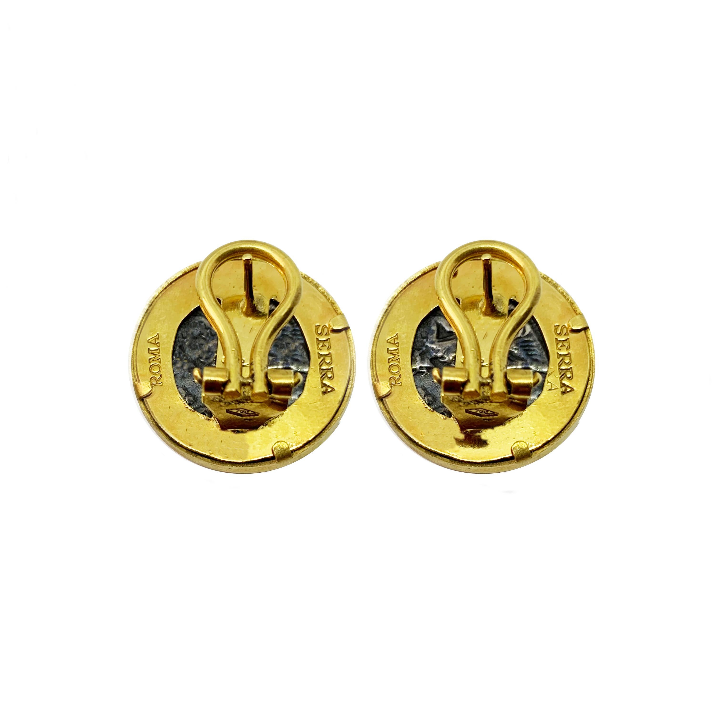 In these beautiful 18 Kt Gold earrings there are set  two authentic roman silver coins
 ( denarii- 2nd cent. A.D.) depicting Emperor Hadrian and his wife Sabina .

Emperor Hadrian is remembered for his travels, his building projects, and his efforts