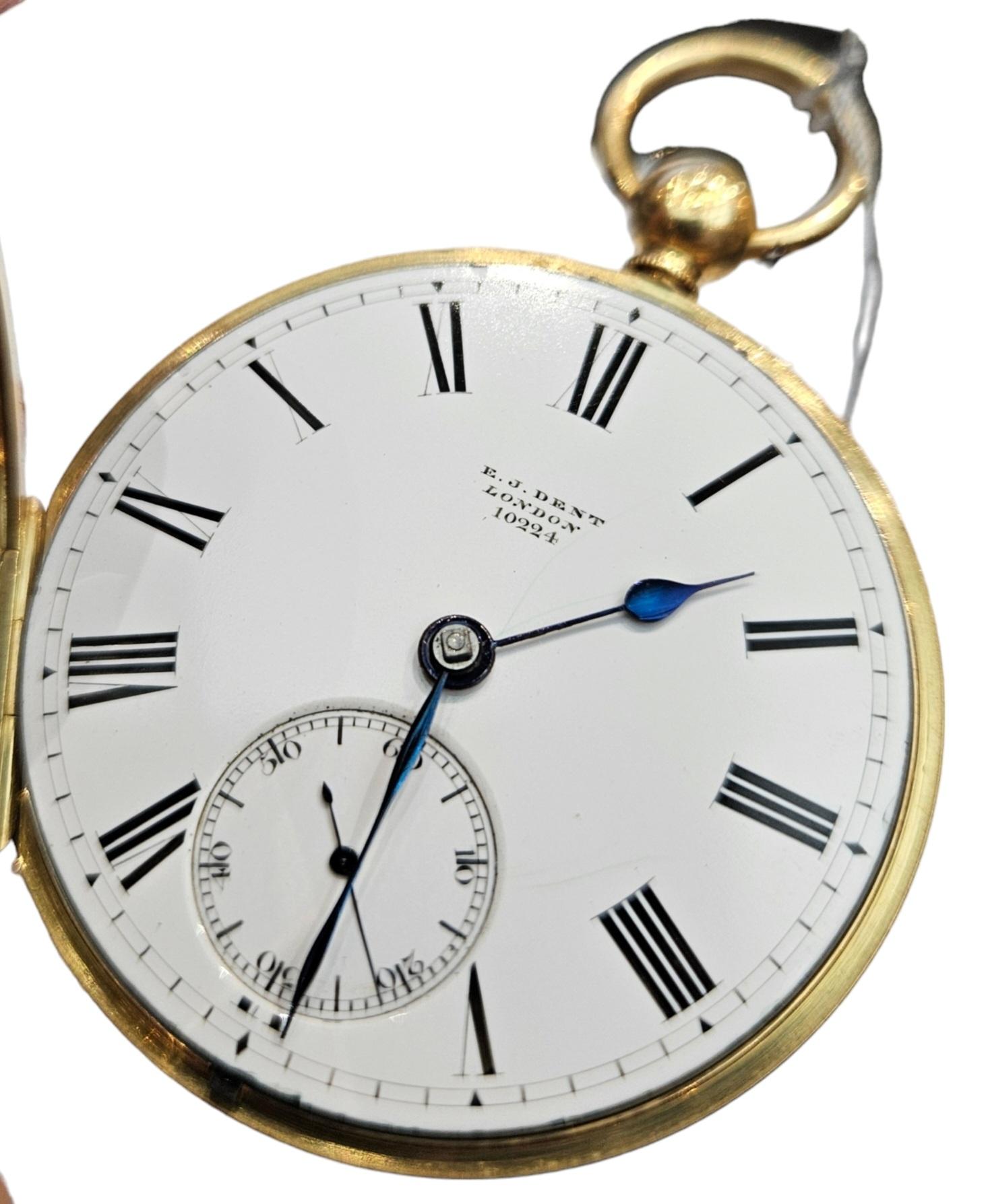 18 Kt Gold E.J Dent London, Yellow Gold, Open Face Verge Pocket watch   For Sale 6
