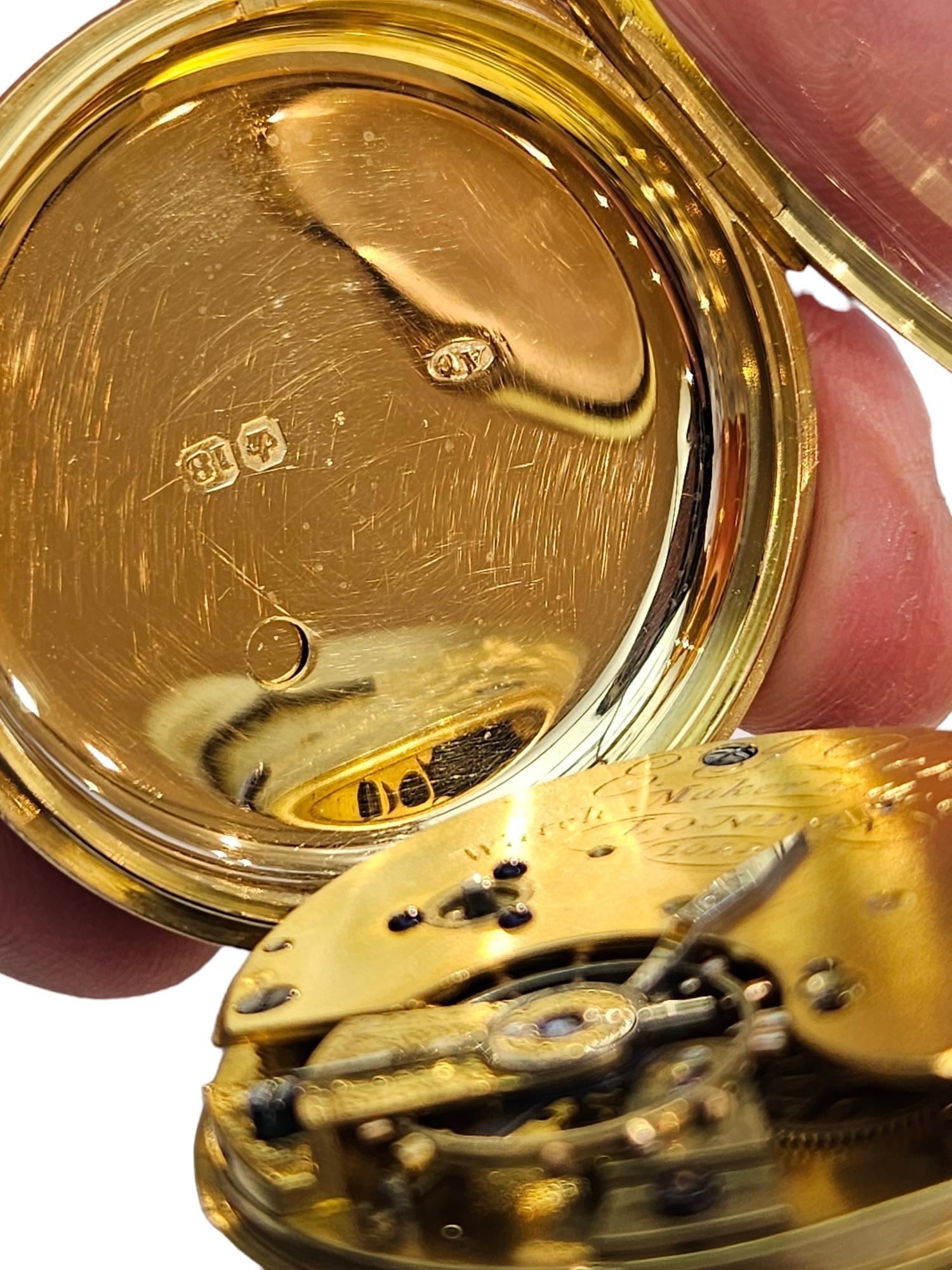 18 Kt Gold E.J Dent London, Yellow Gold, Open Face Verge Pocket watch   For Sale 11