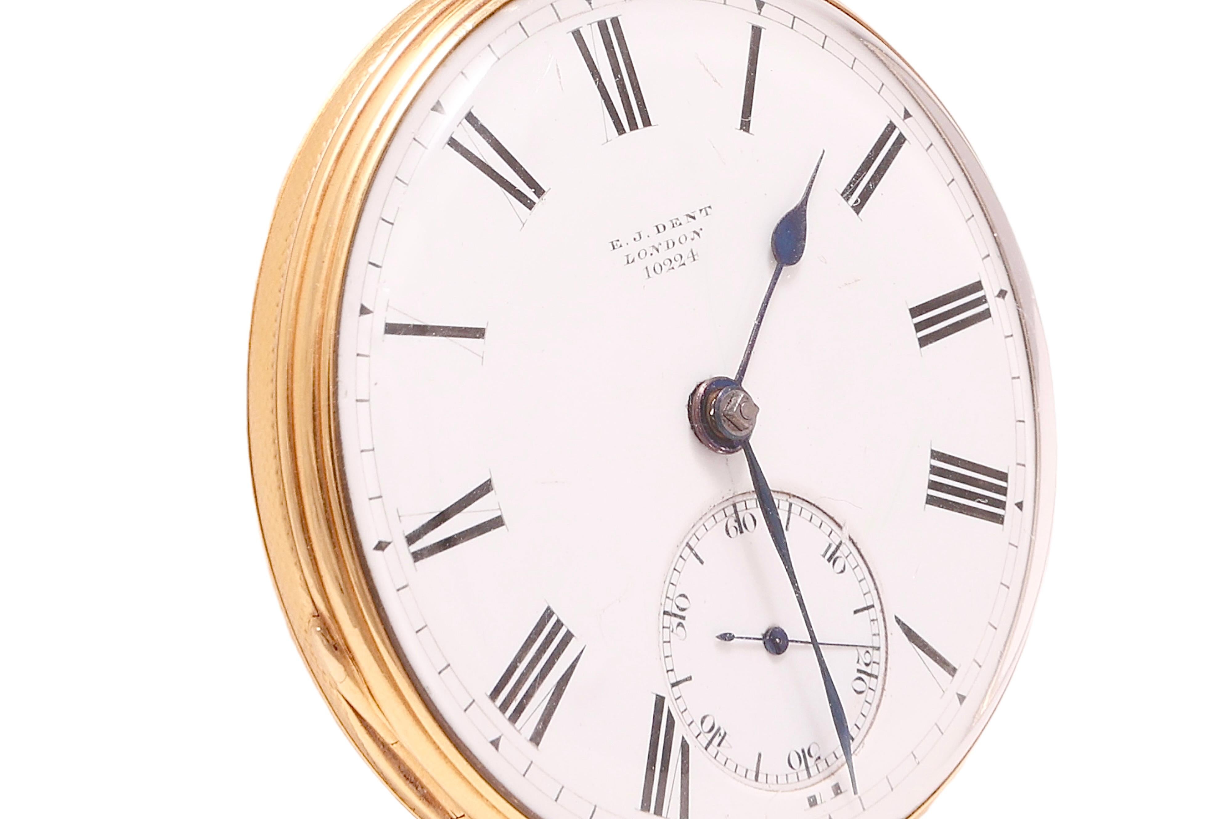 E.J Dent London, Yellow Gold Open Face Verge Pocket watch  

Case: 18 Kt Solid Yellow Gold Diameter 45.5 mm, thickness 12.2 mm

Total weight: 68.9 gram / 2.430 oz / 44.3 dwt