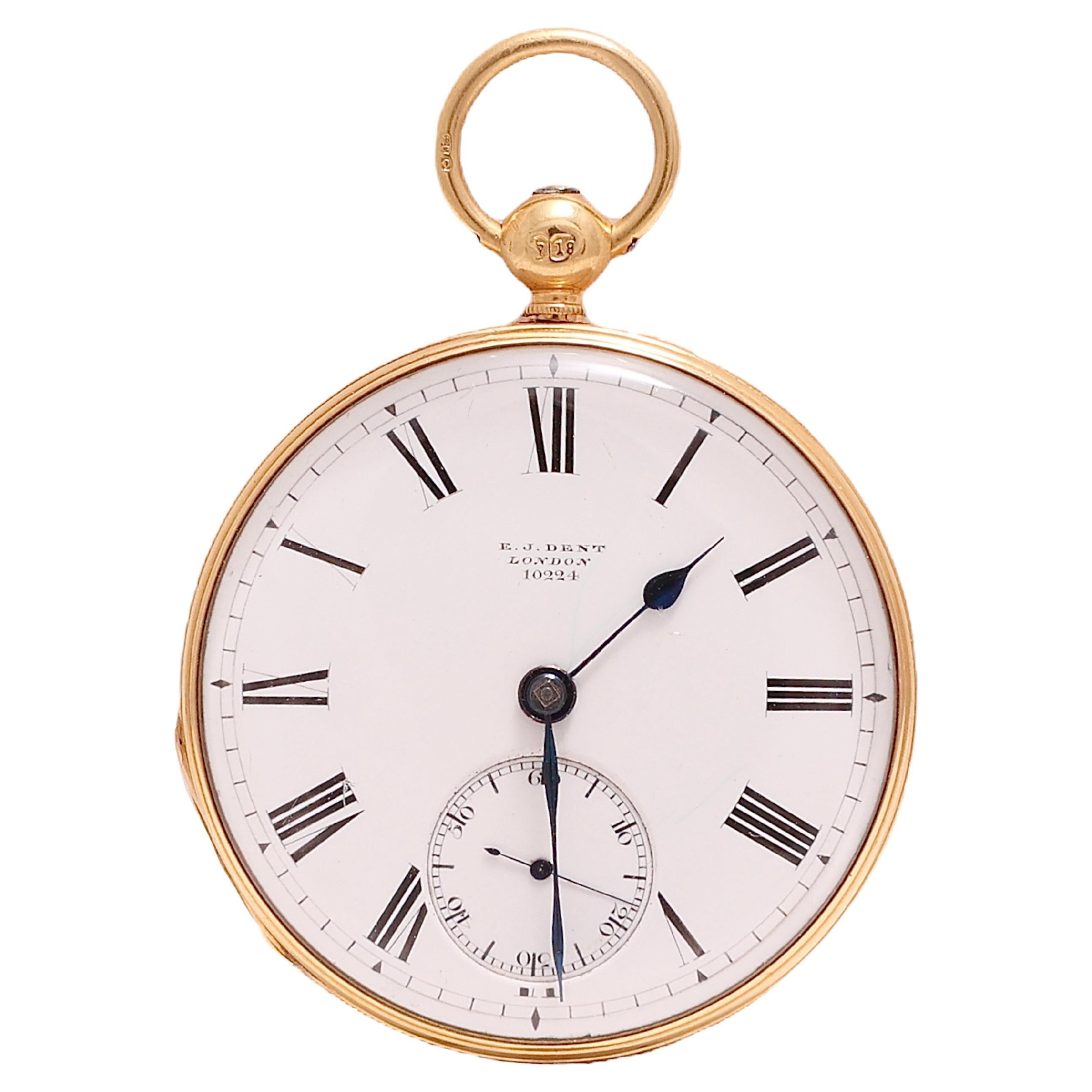 18 Kt Gold E.J Dent London, Yellow Gold, Open Face Verge Pocket watch   For Sale