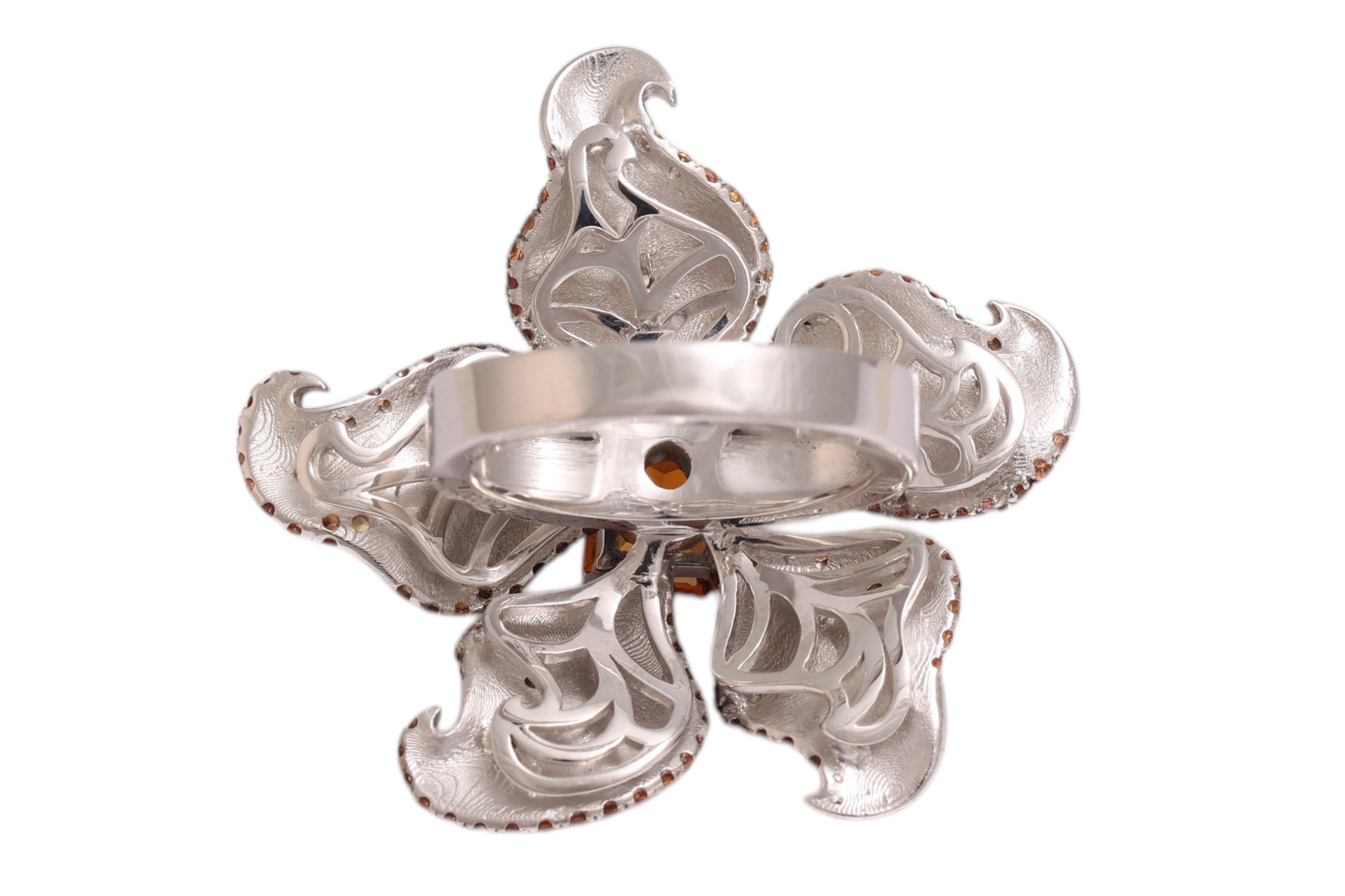18 Kt Gold Flower Ring, Tsavorites, Citrine & Diamonds, A Real Piece of Art For Sale 5