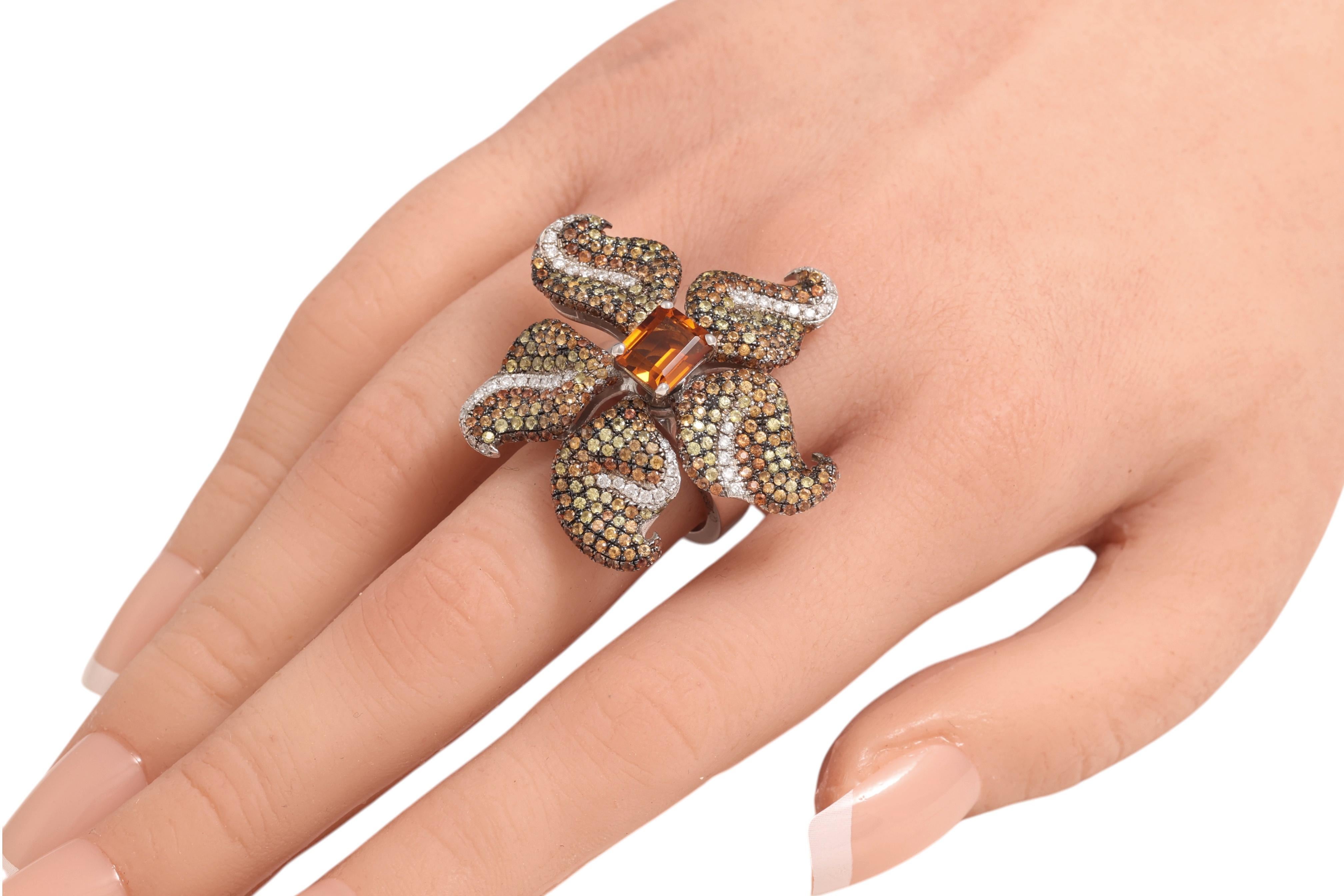 18 Kt Gold Flower Ring, Tsavorites, Citrine & Diamonds, A Real Piece of Art For Sale 7