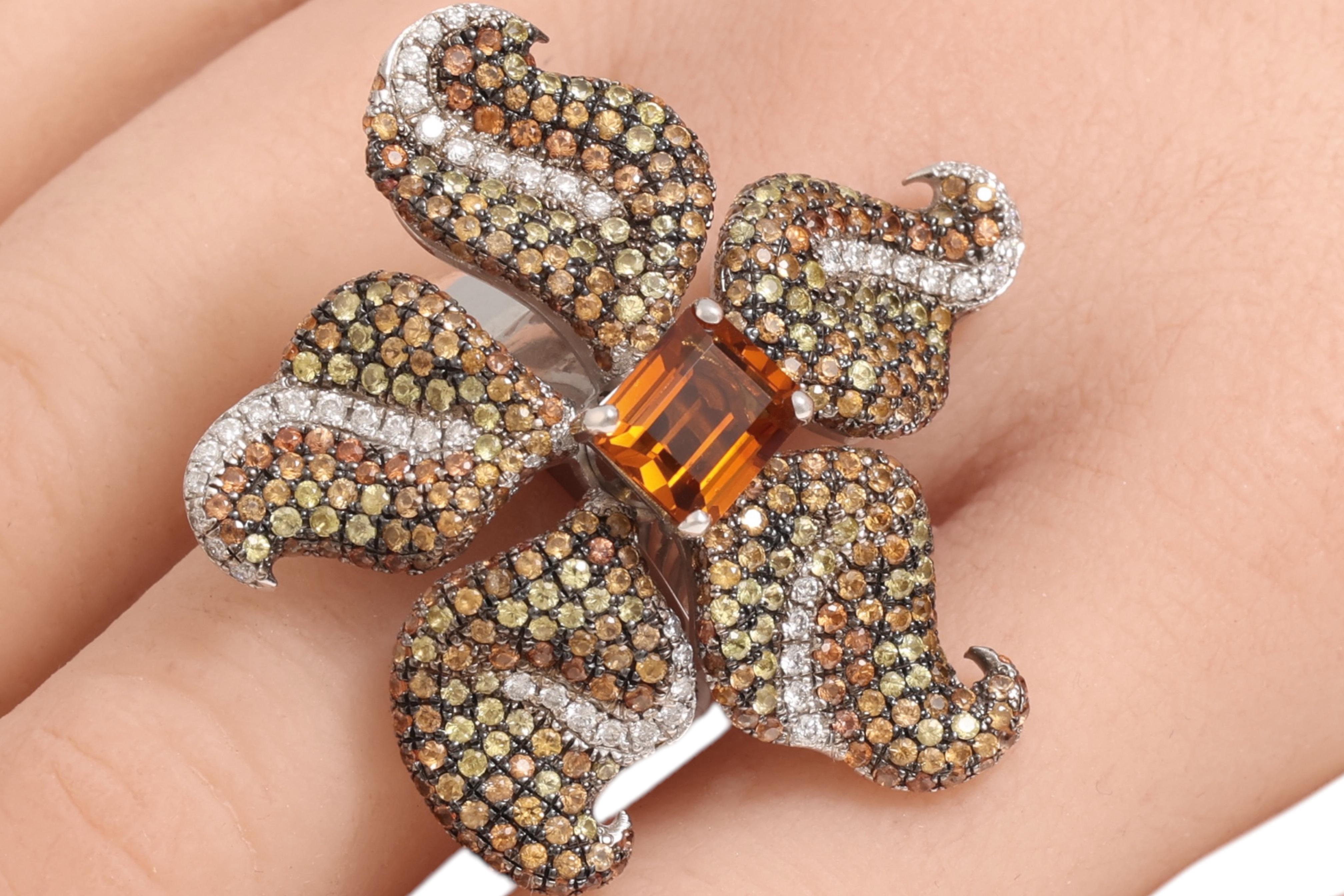 18 Kt Gold Flower Ring, Tsavorites, Citrine & Diamonds, A Real Piece of Art For Sale 8
