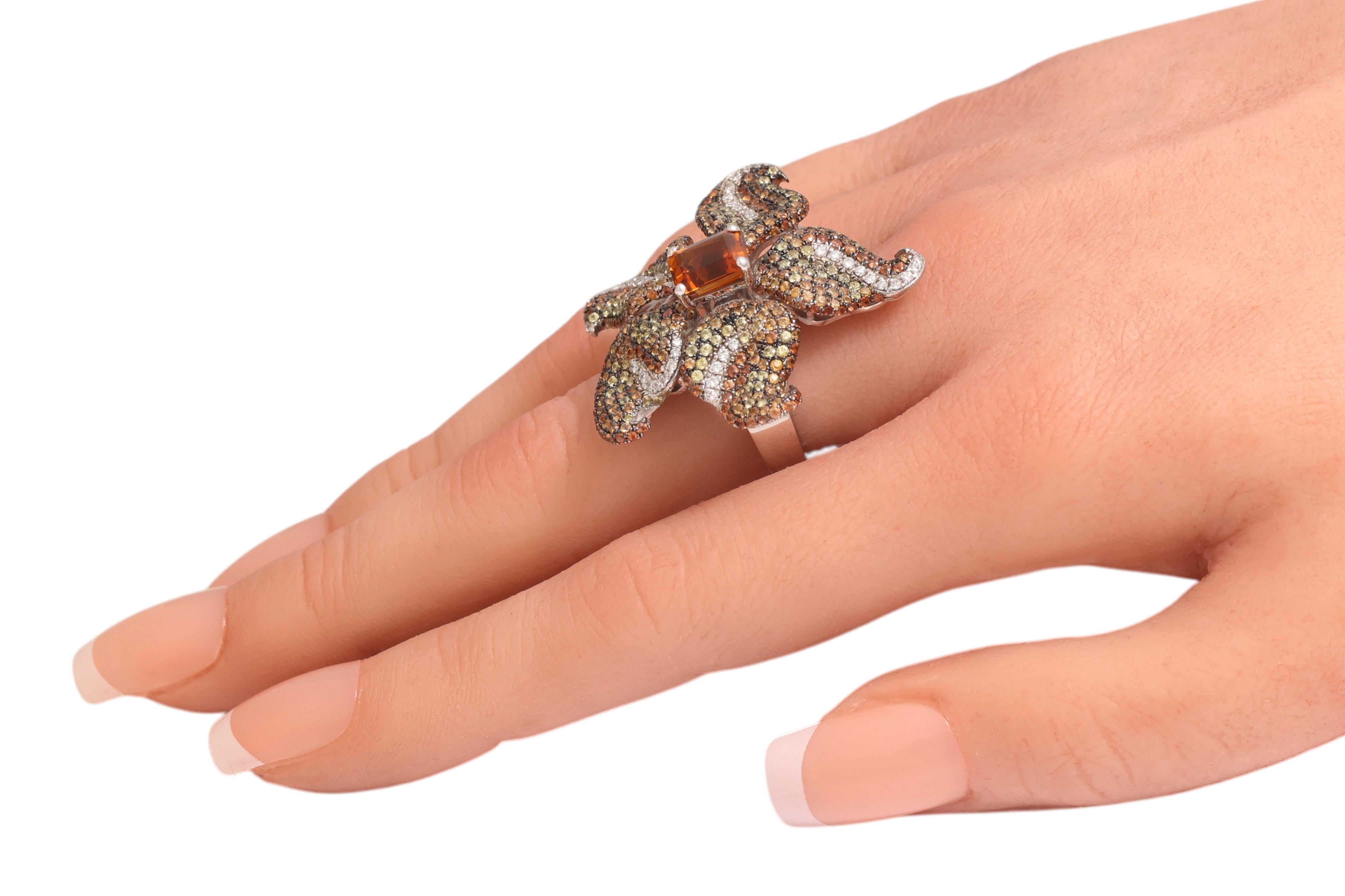 18 Kt Gold Flower Ring, Tsavorites, Citrine & Diamonds, A Real Piece of Art For Sale 9