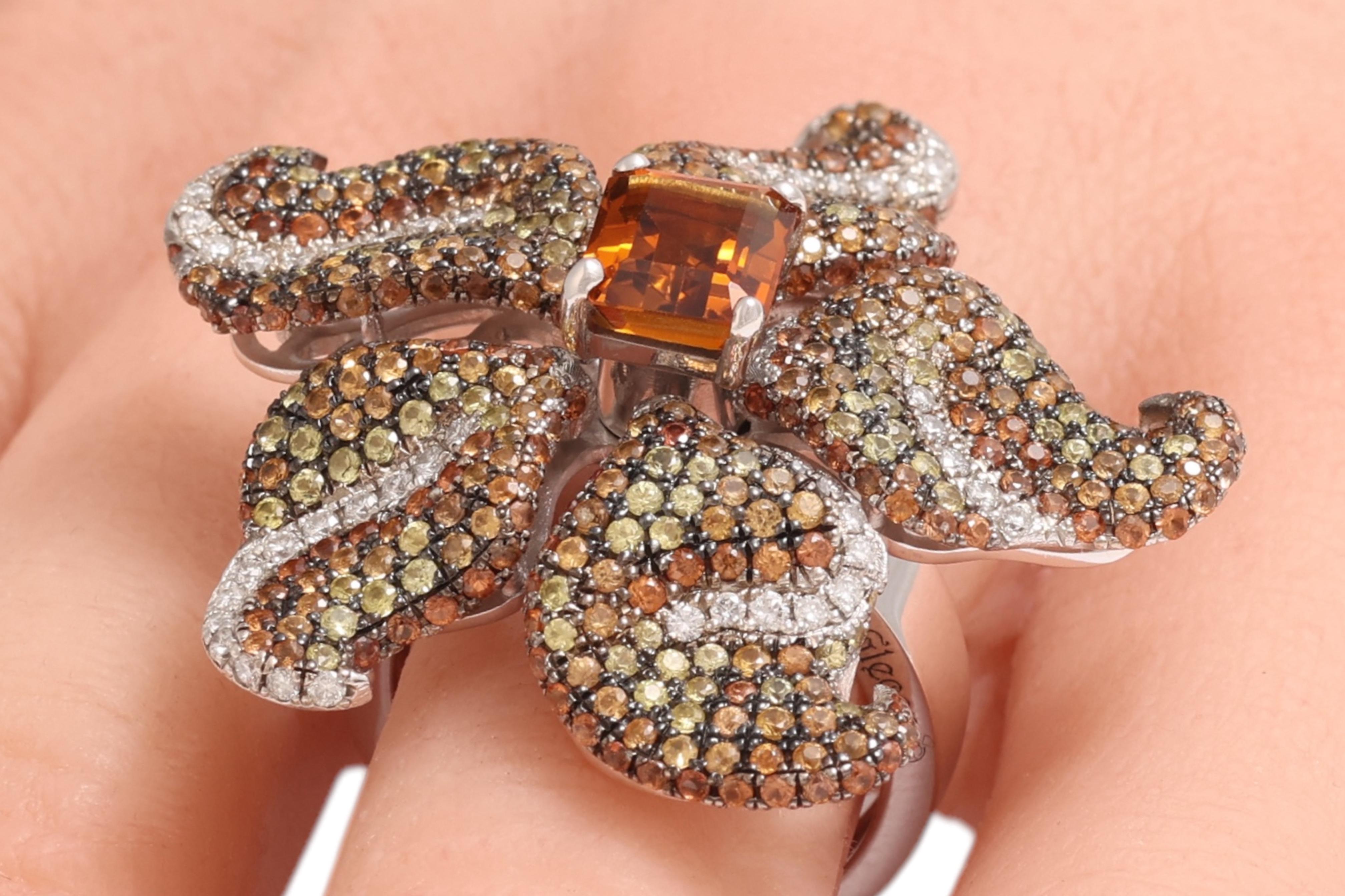 18 Kt Gold Flower Ring, Tsavorites, Citrine & Diamonds, A Real Piece of Art For Sale 10