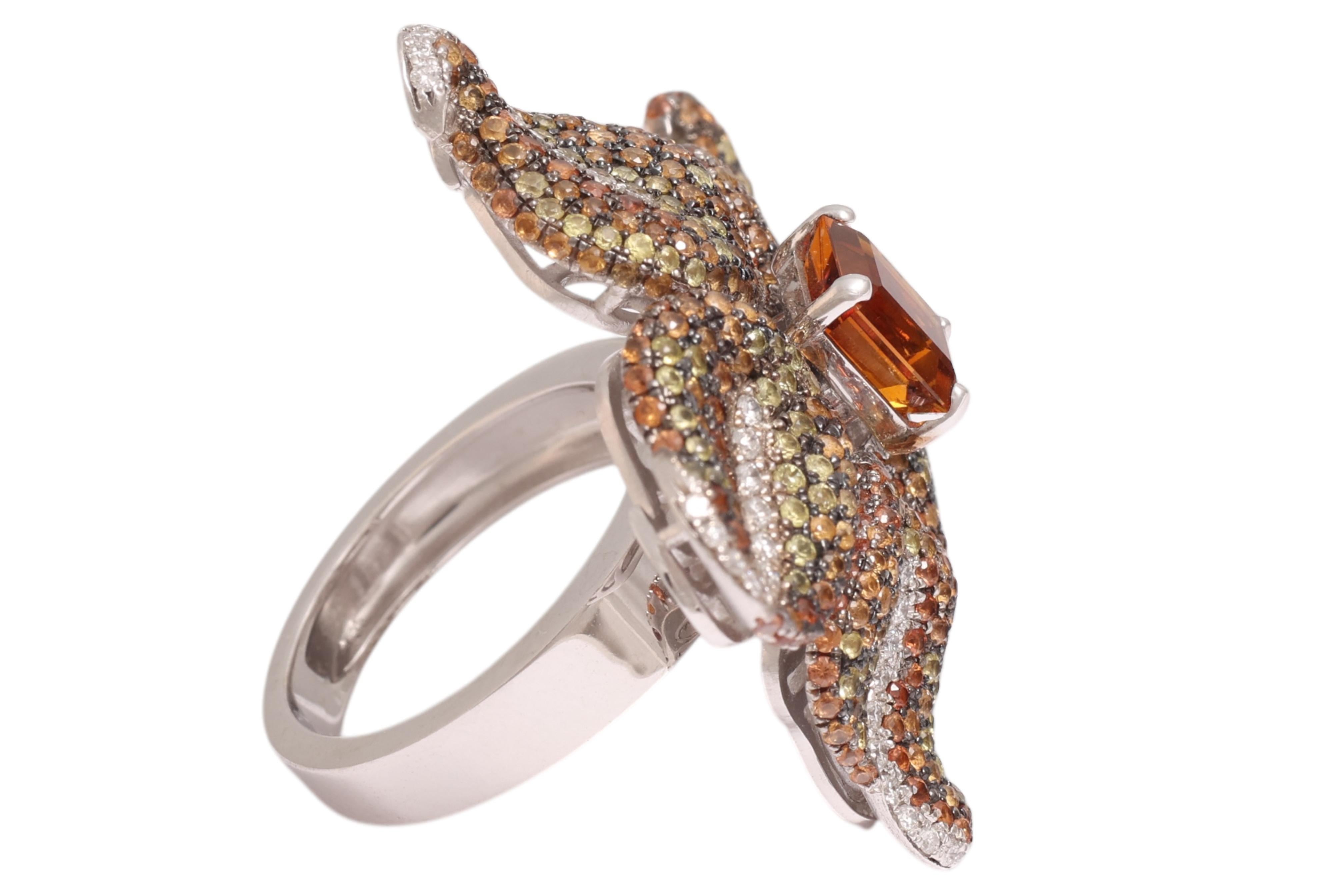 Modern 18 Kt Gold Flower Ring, Tsavorites, Citrine & Diamonds, A Real Piece of Art For Sale