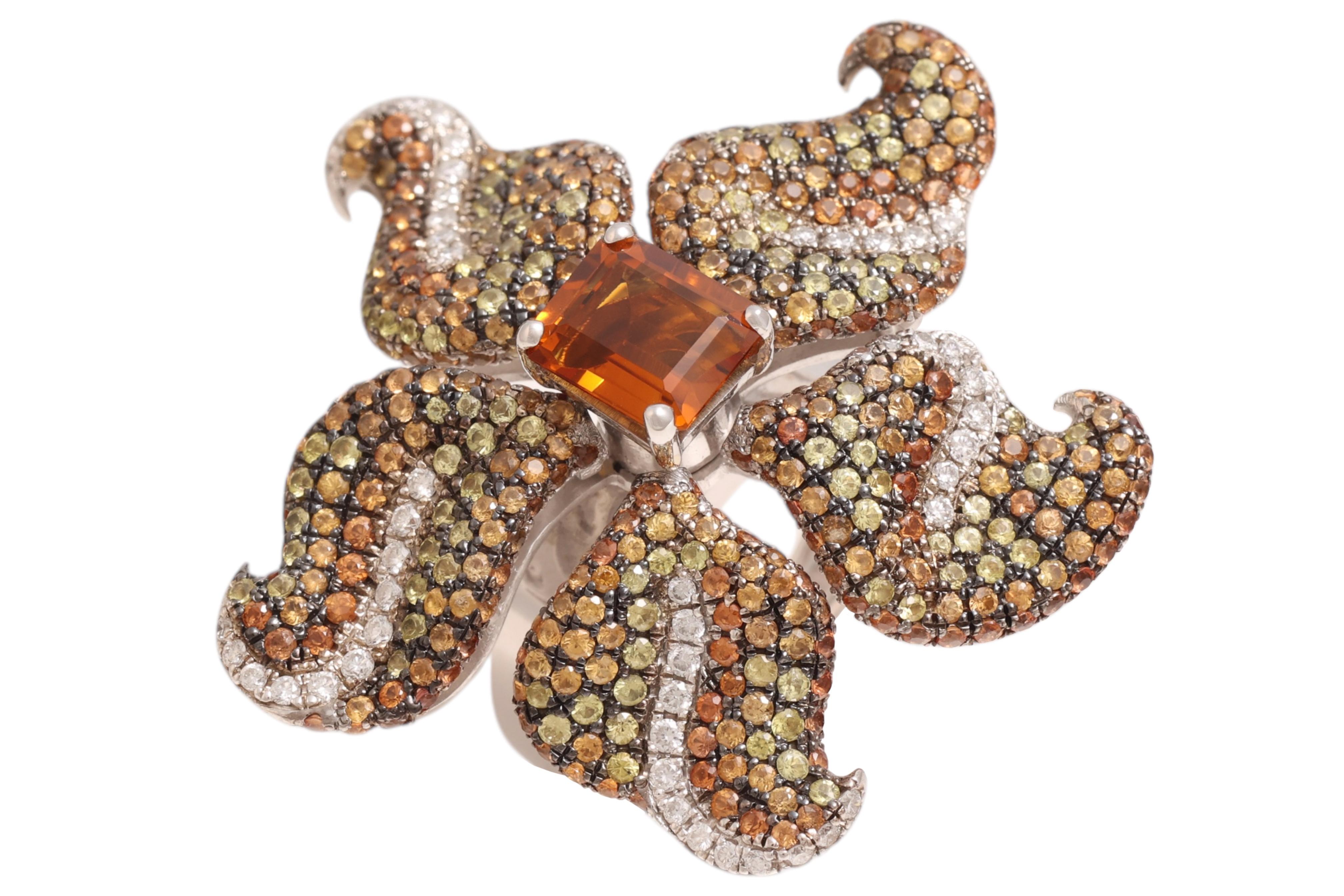 Brilliant Cut 18 Kt Gold Flower Ring, Tsavorites, Citrine & Diamonds, A Real Piece of Art For Sale