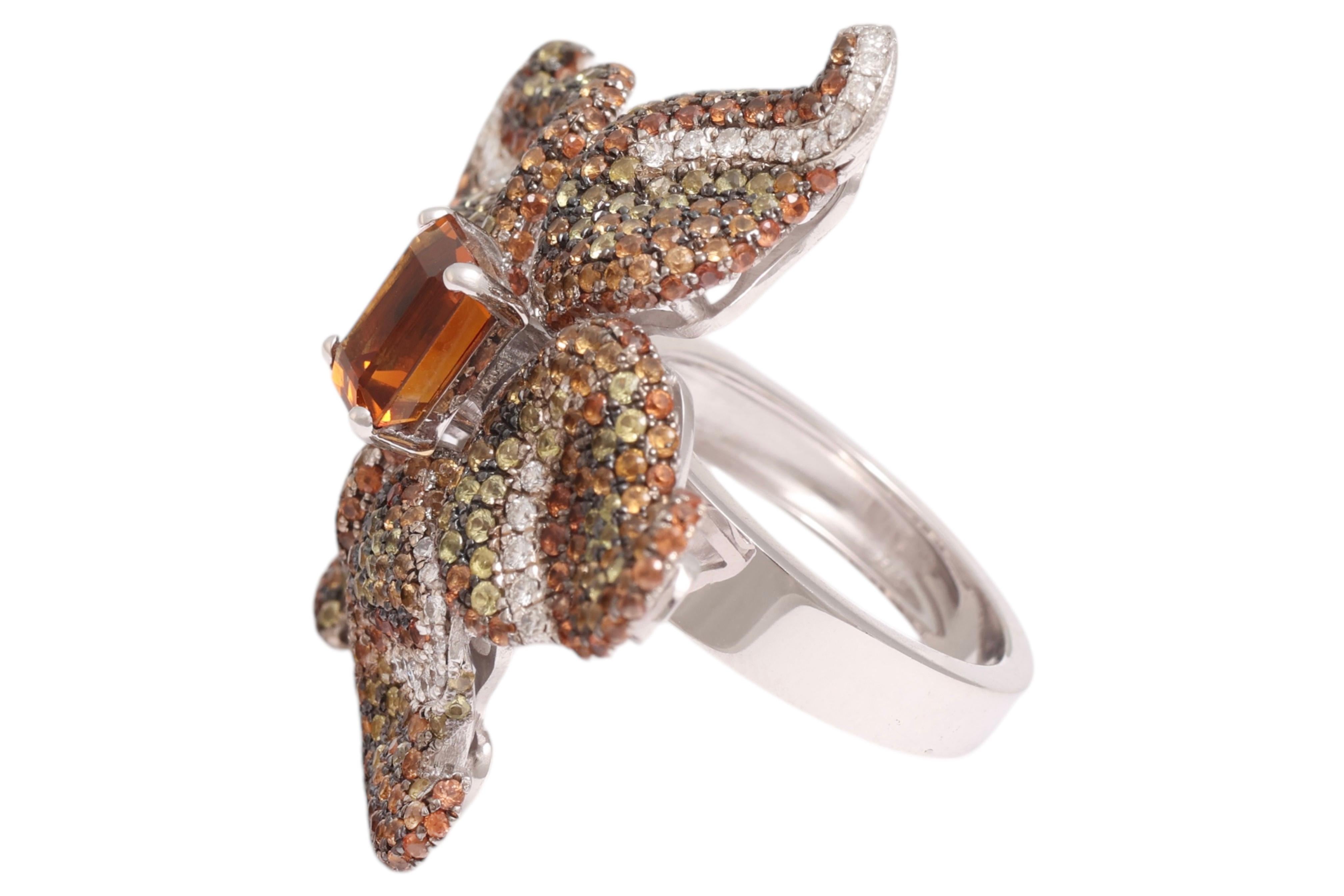 Men's 18 Kt Gold Flower Ring, Tsavorites, Citrine & Diamonds, A Real Piece of Art For Sale