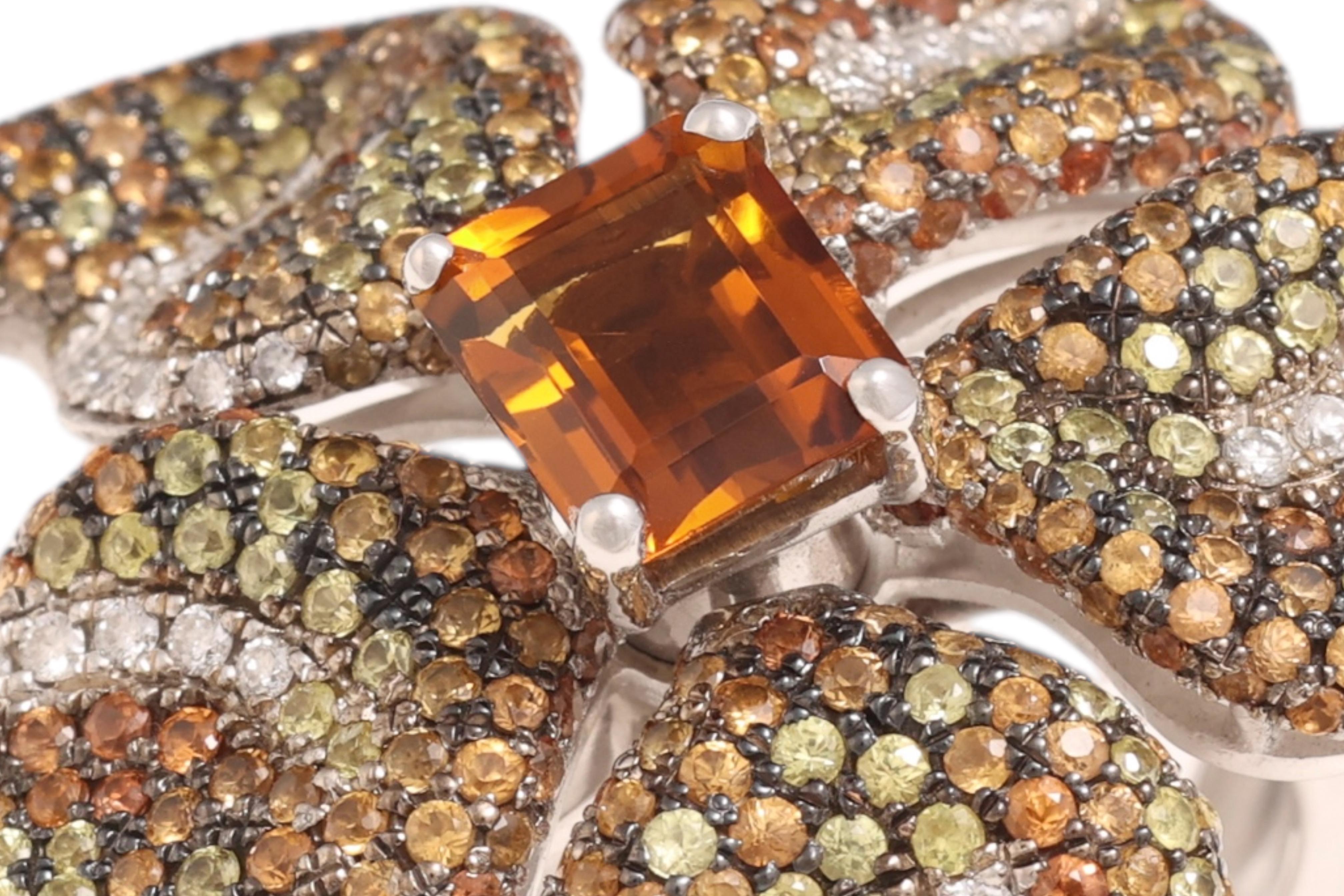 18 Kt Gold Flower Ring, Tsavorites, Citrine & Diamonds, A Real Piece of Art For Sale 1