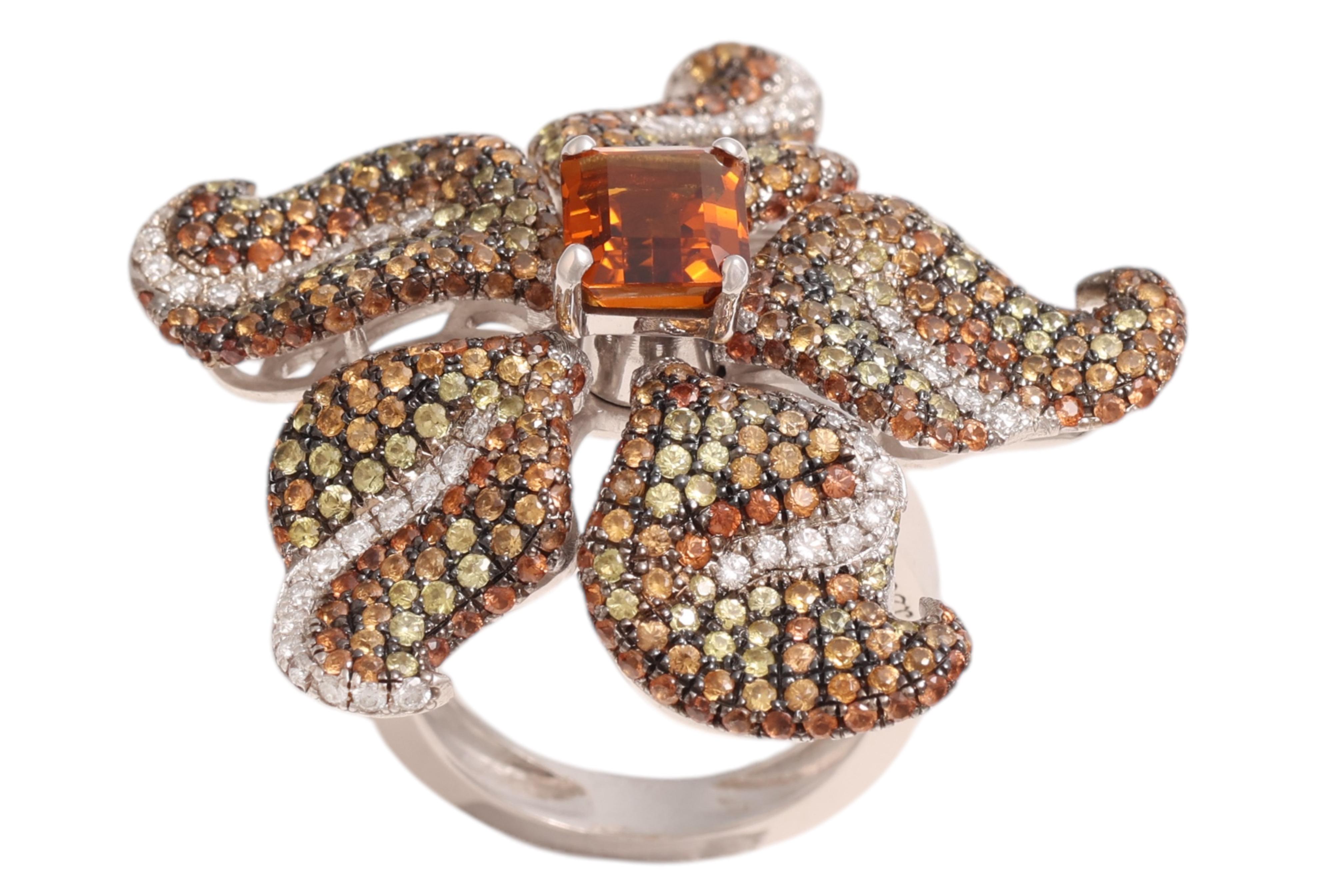 18 Kt Gold Flower Ring, Tsavorites, Citrine & Diamonds, A Real Piece of Art For Sale 2