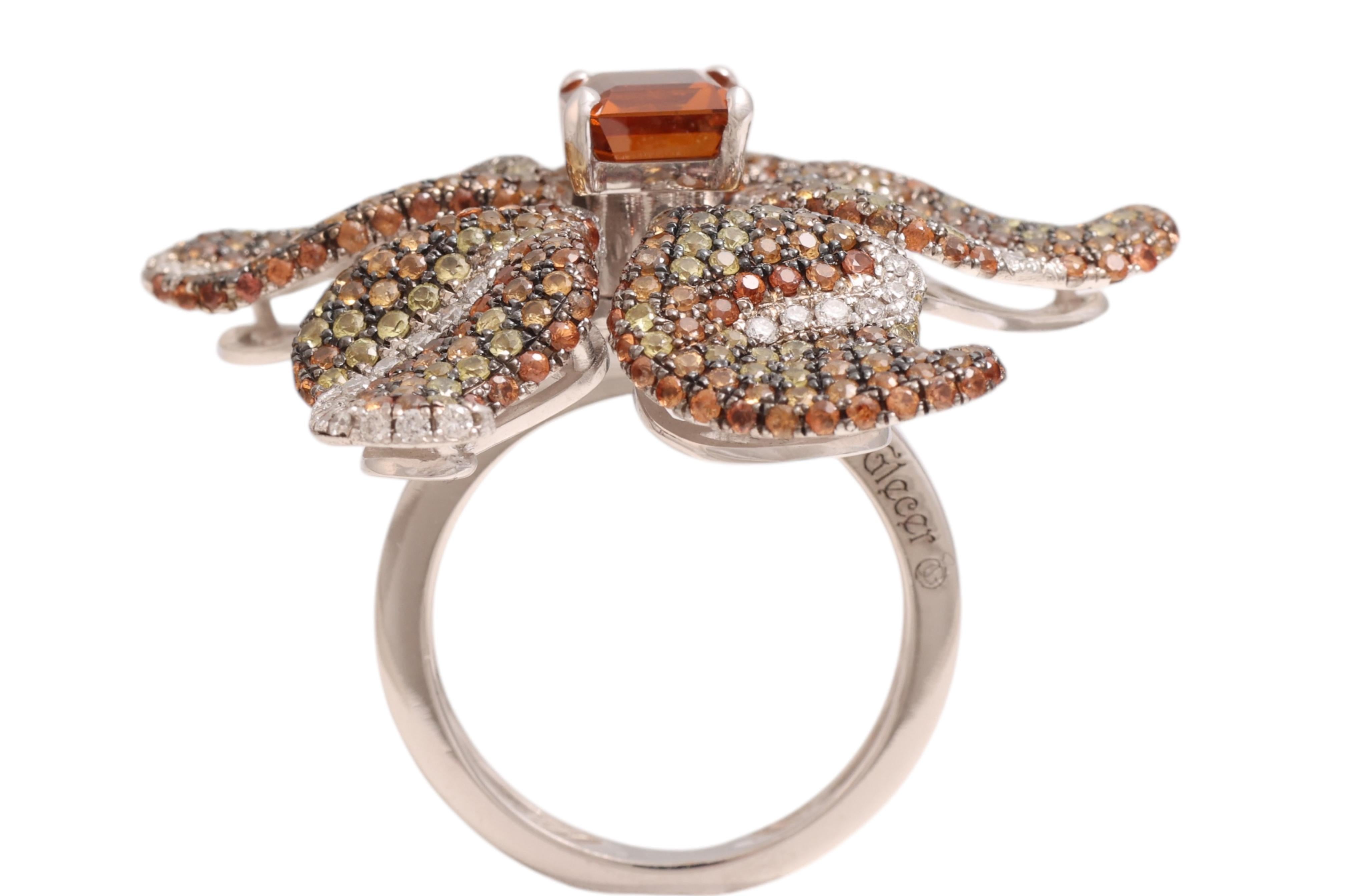 18 Kt Gold Flower Ring, Tsavorites, Citrine & Diamonds, A Real Piece of Art For Sale 3
