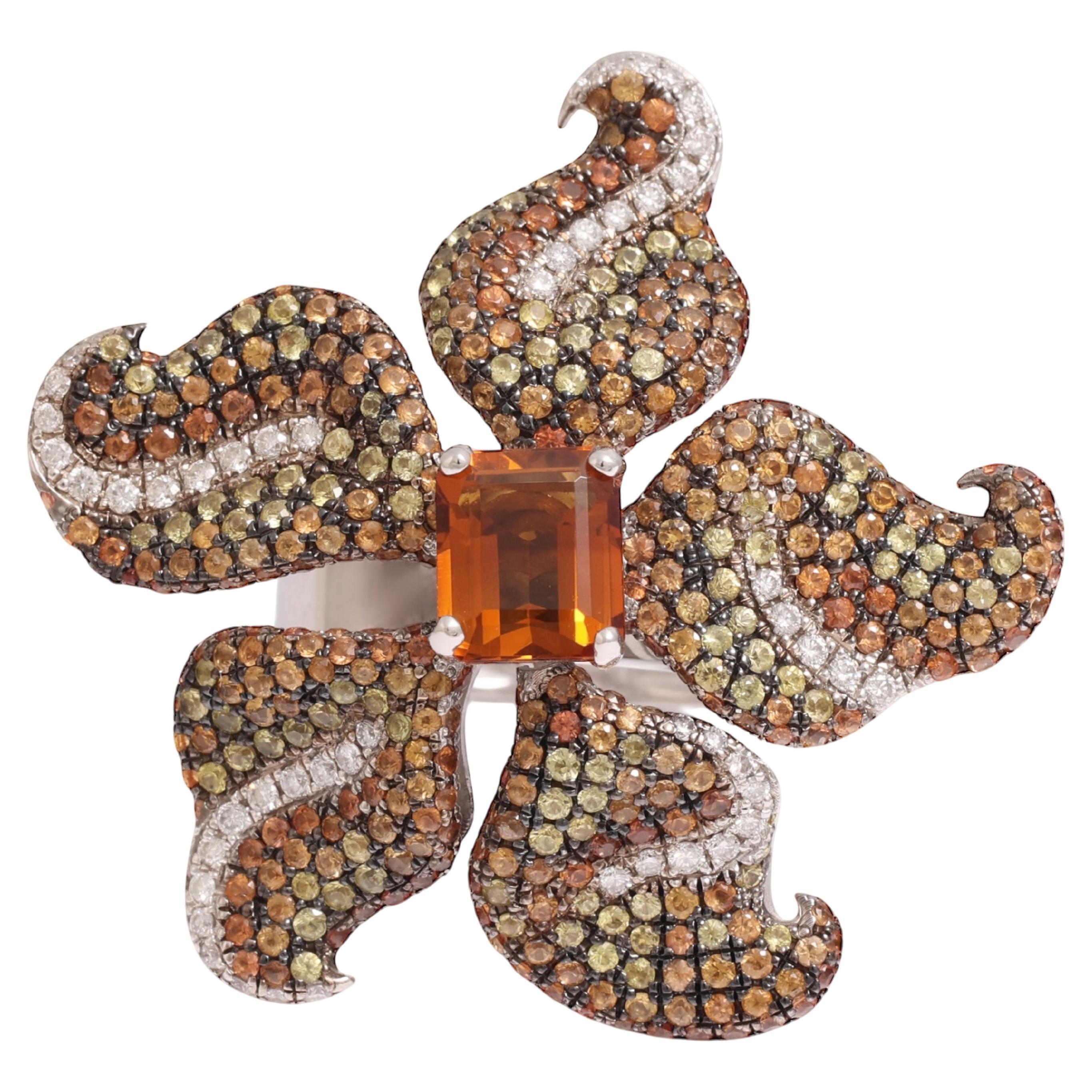 18 Kt Gold Flower Ring, Tsavorites, Citrine & Diamonds, A Real Piece of Art For Sale