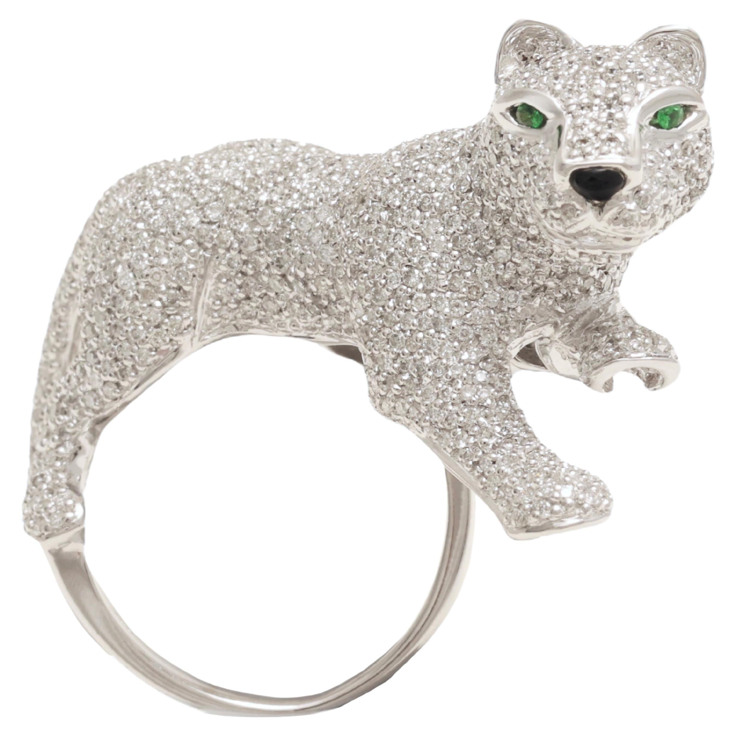 18 Kt Gold Full Pavé Diamonds Panther Ring with Green Emerald Eyes For Sale