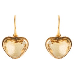 Antique 18 Kt Gold Heart-Shaped Earrings in with Citrine Quartz from Early 1900