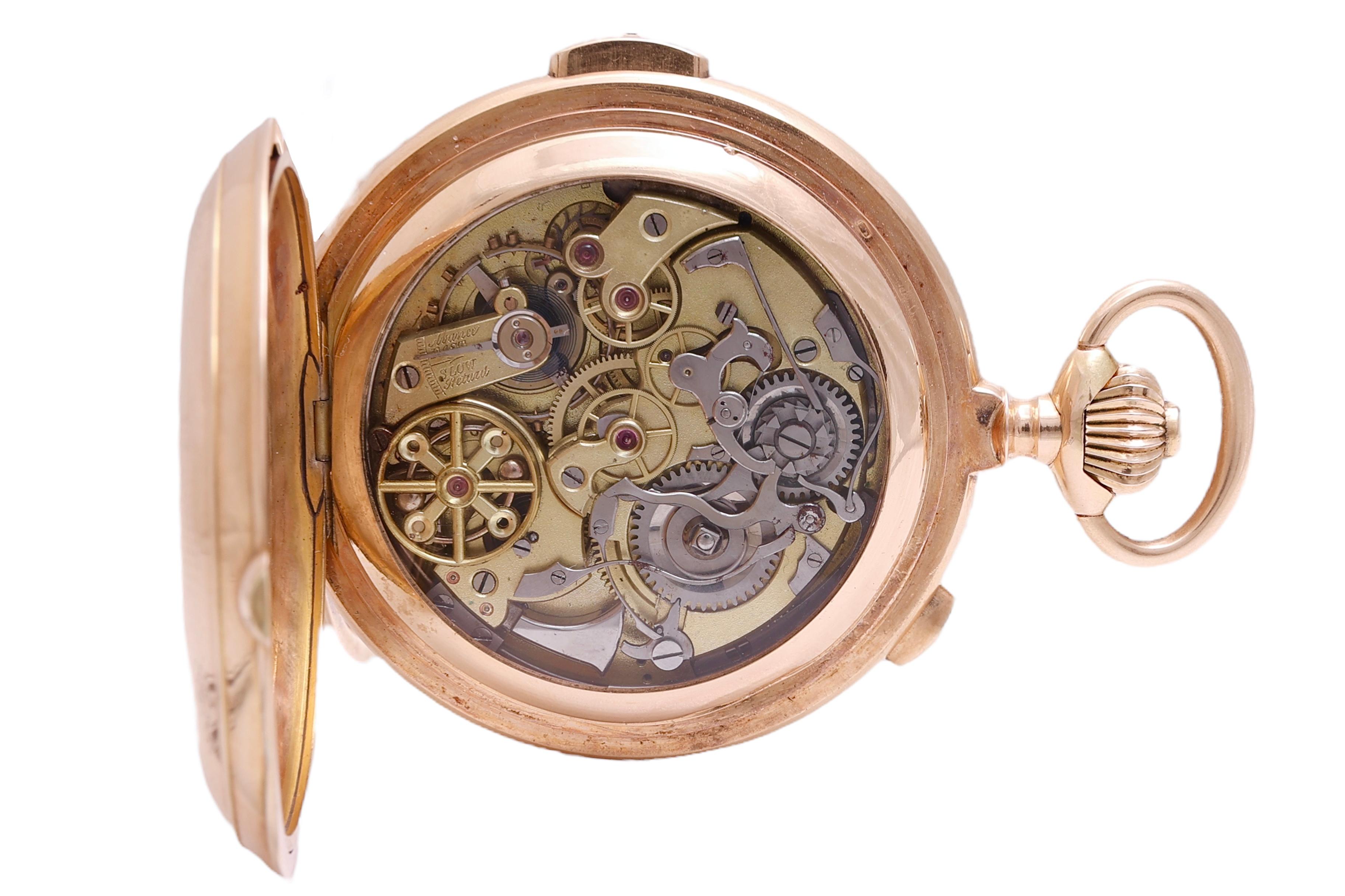 18 Kt Gold Hunter Pocket Watch Triple Calendar Moon Phase Chrono Minute Repeater For Sale 2