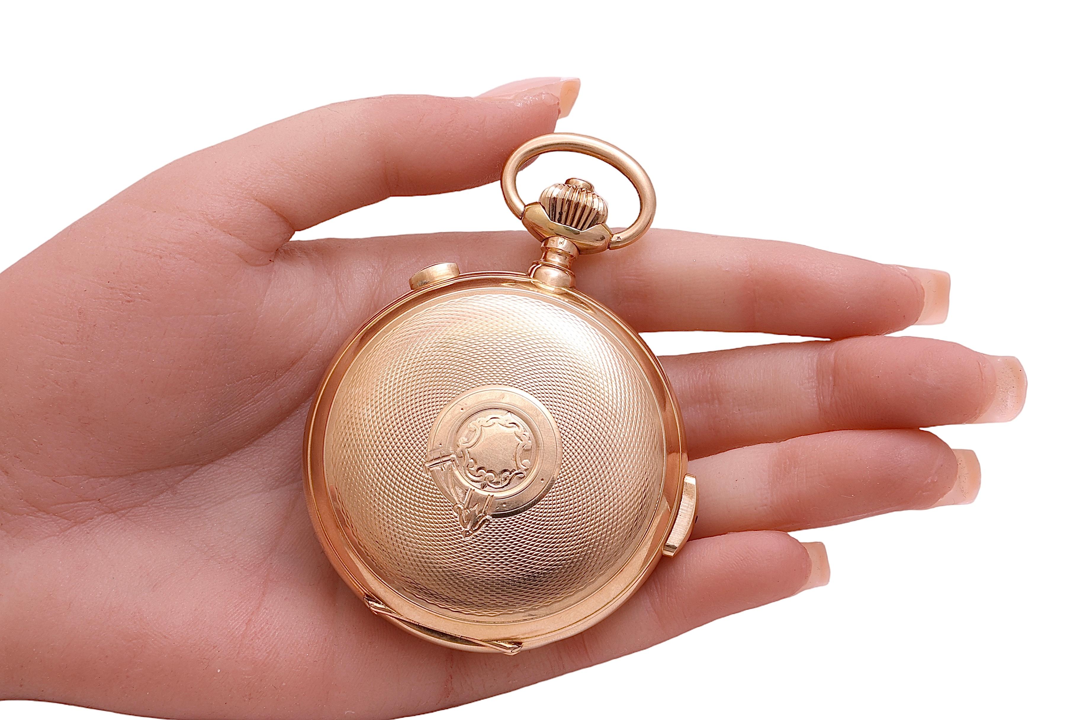18 Kt Gold Hunter Pocket Watch Triple Calendar Moon Phase Chrono Minute Repeater For Sale 4