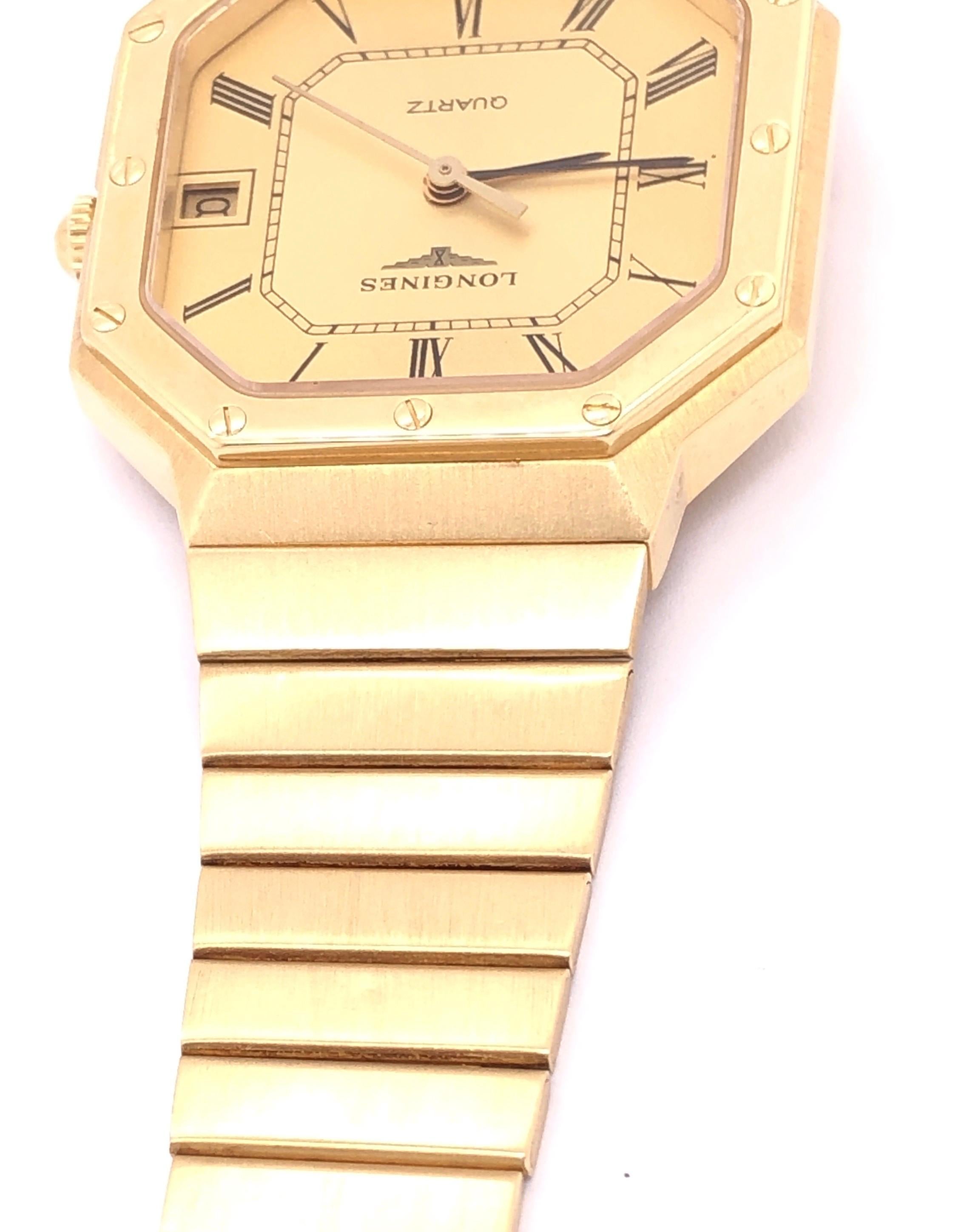 Modern 18 Karat Gold Longines Octagon Quartz Men's Dress Watch with 18 Kt Gold Bracelet