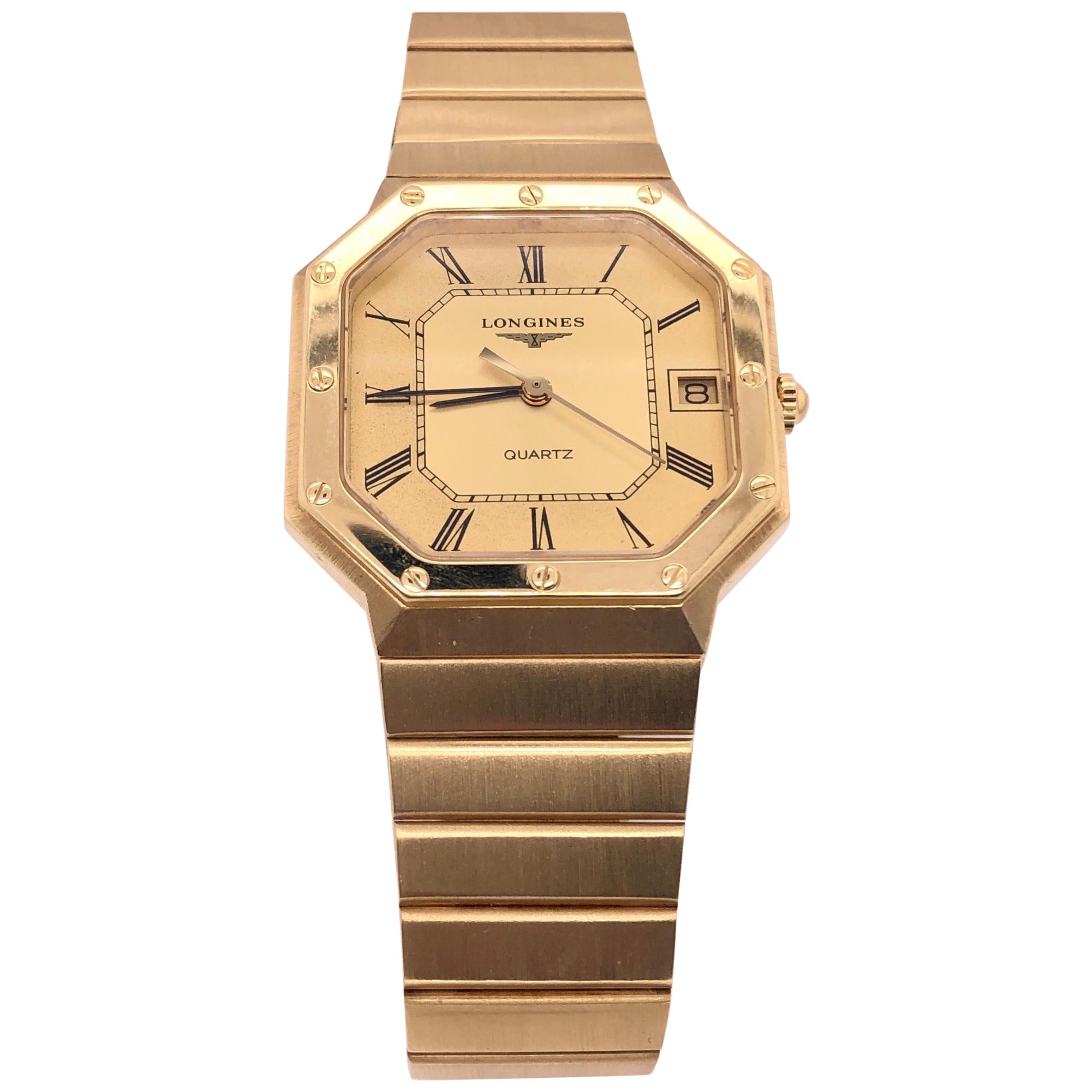 18 Karat Gold Longines Octagon Quartz Men's Dress Watch with 18 Kt Gold Bracelet