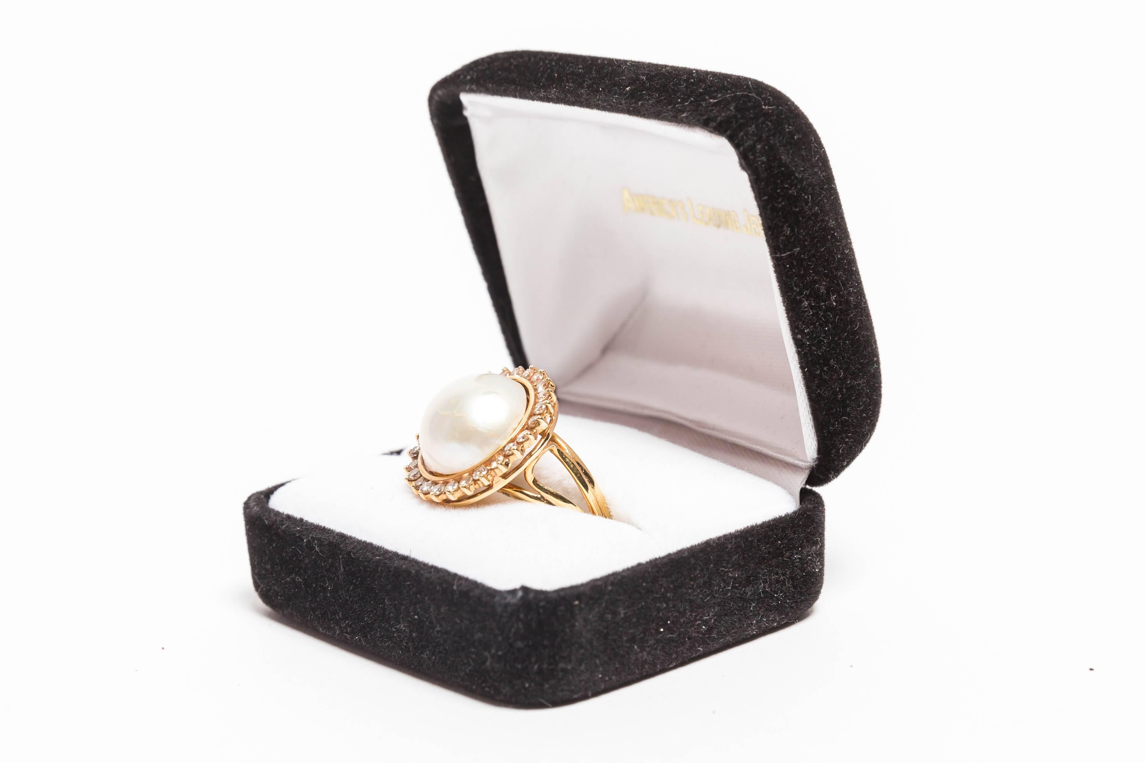 Women's 18 Kt Gold Mabe Pearl and Diamond Cocktail Ring 