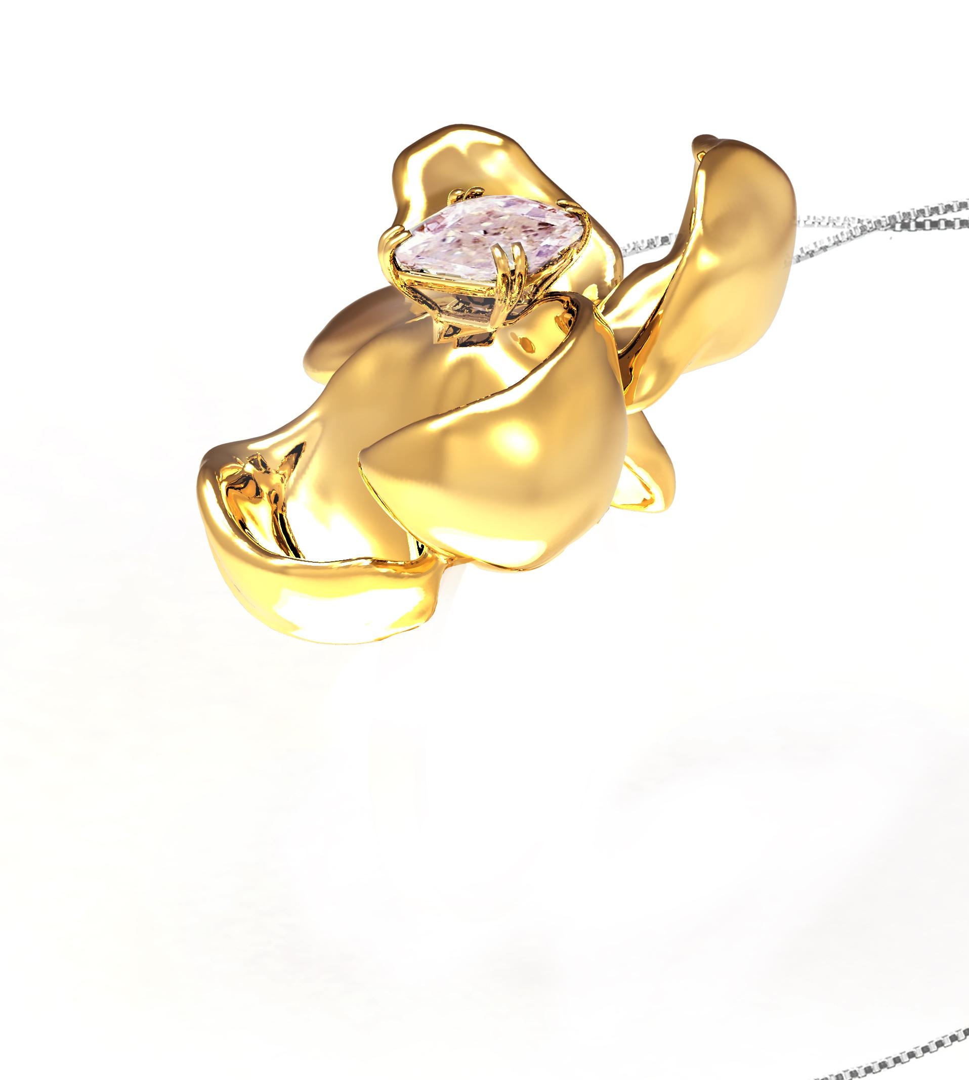 Artist Fancy Purple Pink Diamond Eighteen Karat Yellow Gold Magnolia Pendant Necklace For Sale