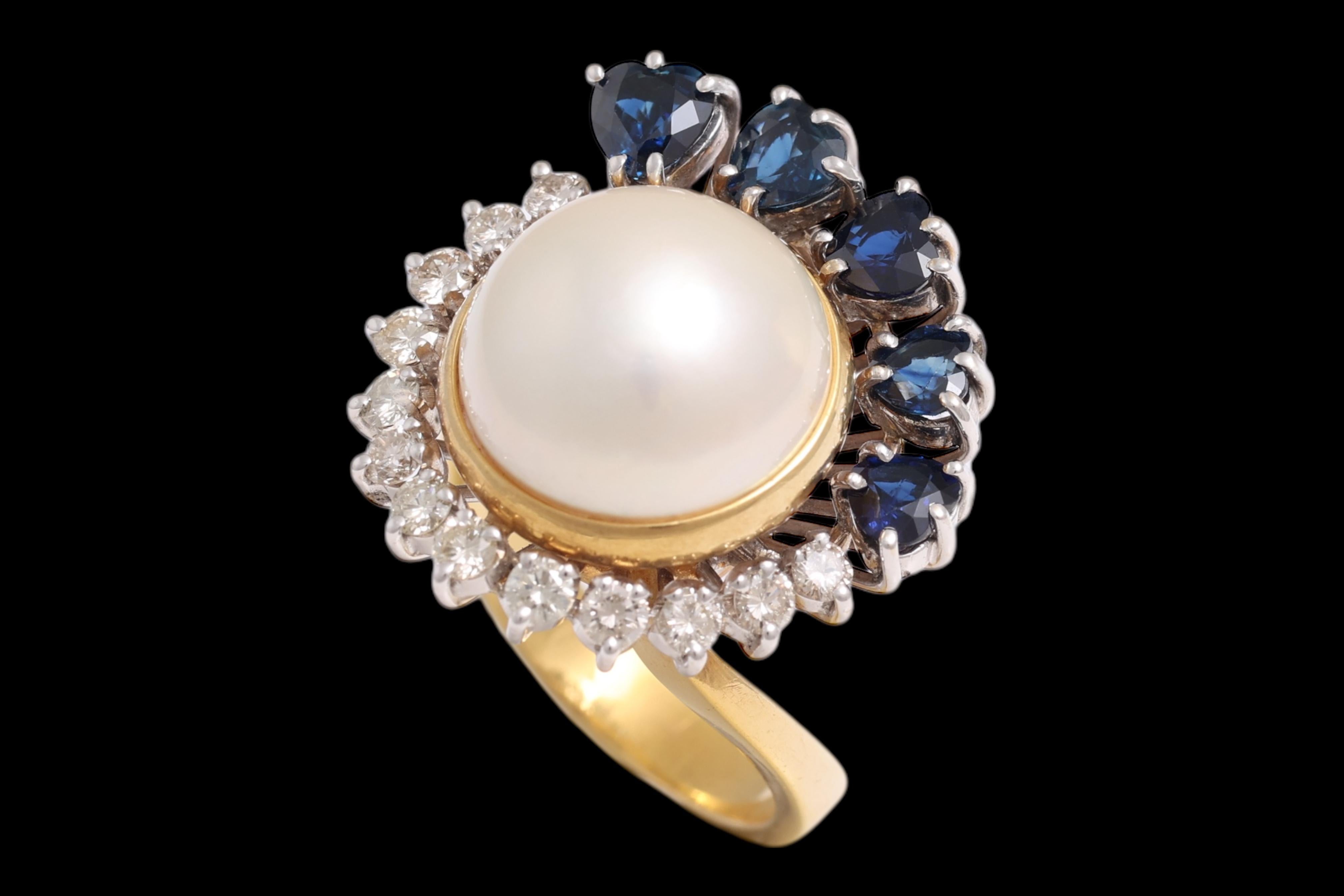 Bague en or 18 Kt perle de marbre, diamants et saphirs en forme de coeur en vente 2