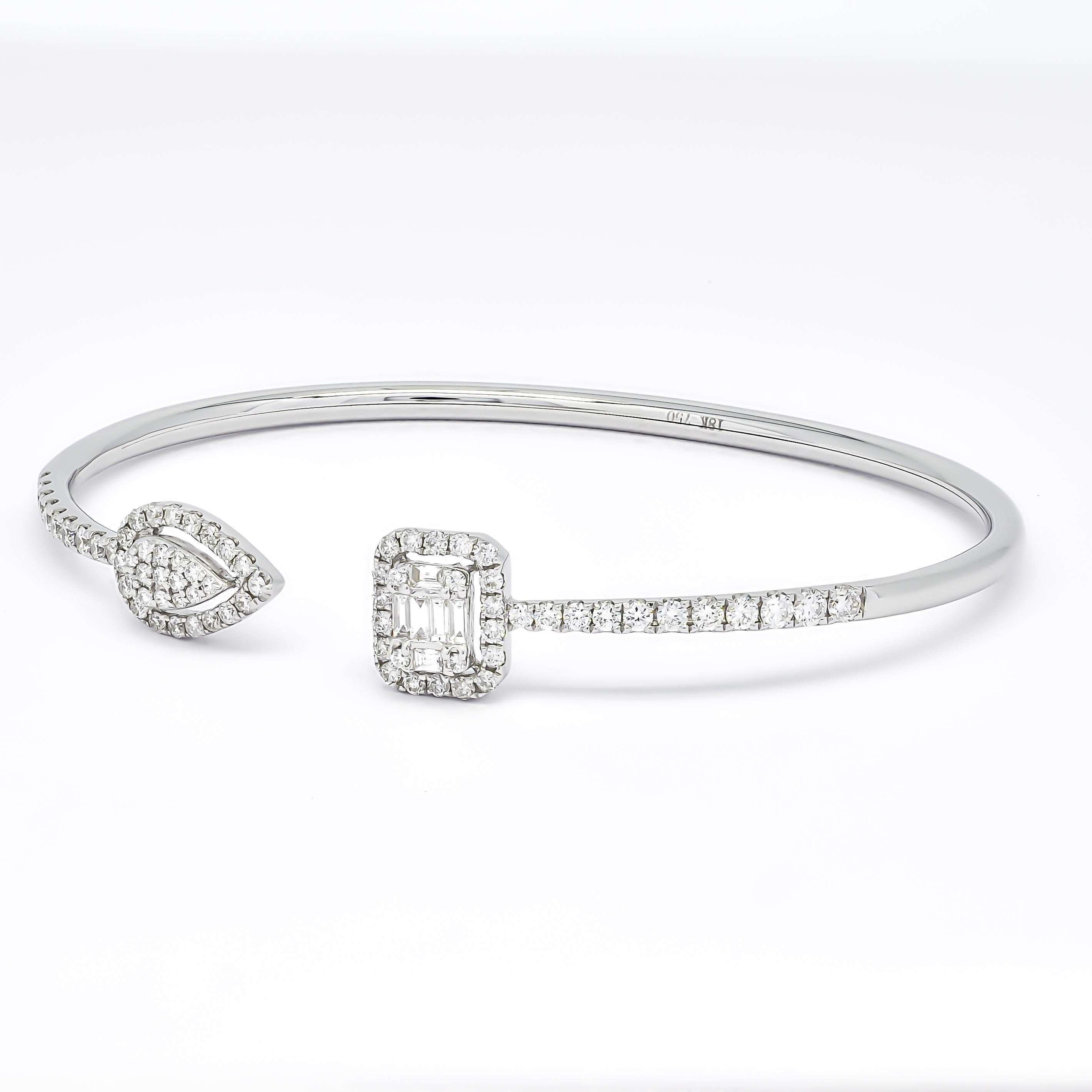 Fall in love with the stunning 18KT Gold Multi Shape Cluster Halo Diamond Woman Flex Cuff Open Bangle Bracelet. Crafted from luxurious 18KT gold, this bracelet features a breathtaking array of natural diamonds arranged in a beautiful cluster halo